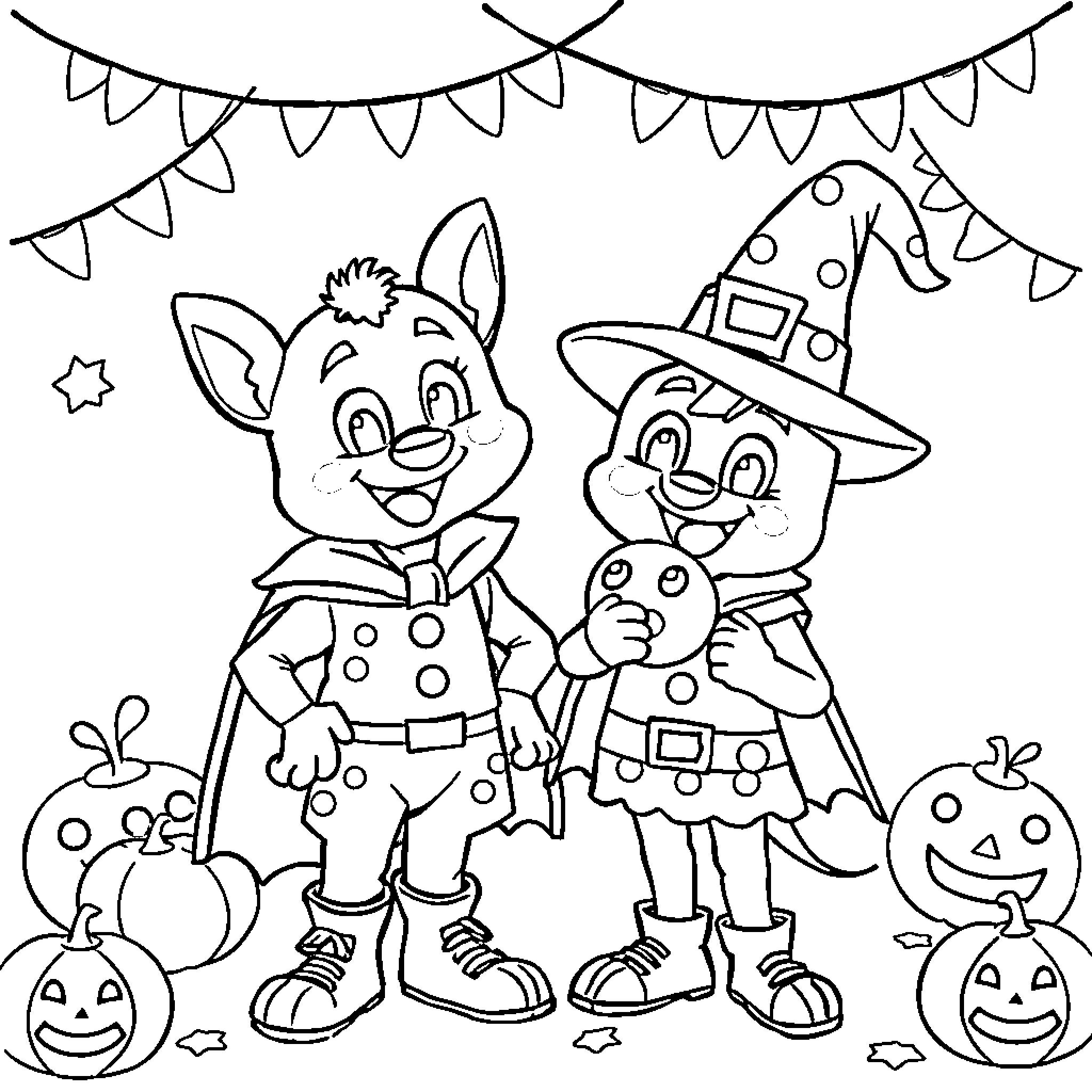 Bluey and friends celebrating Halloween Coloring Page (free black-and-white line drawing printable PDF for all, from beginners to advanced learners, including children, teens, adults, and seniors)