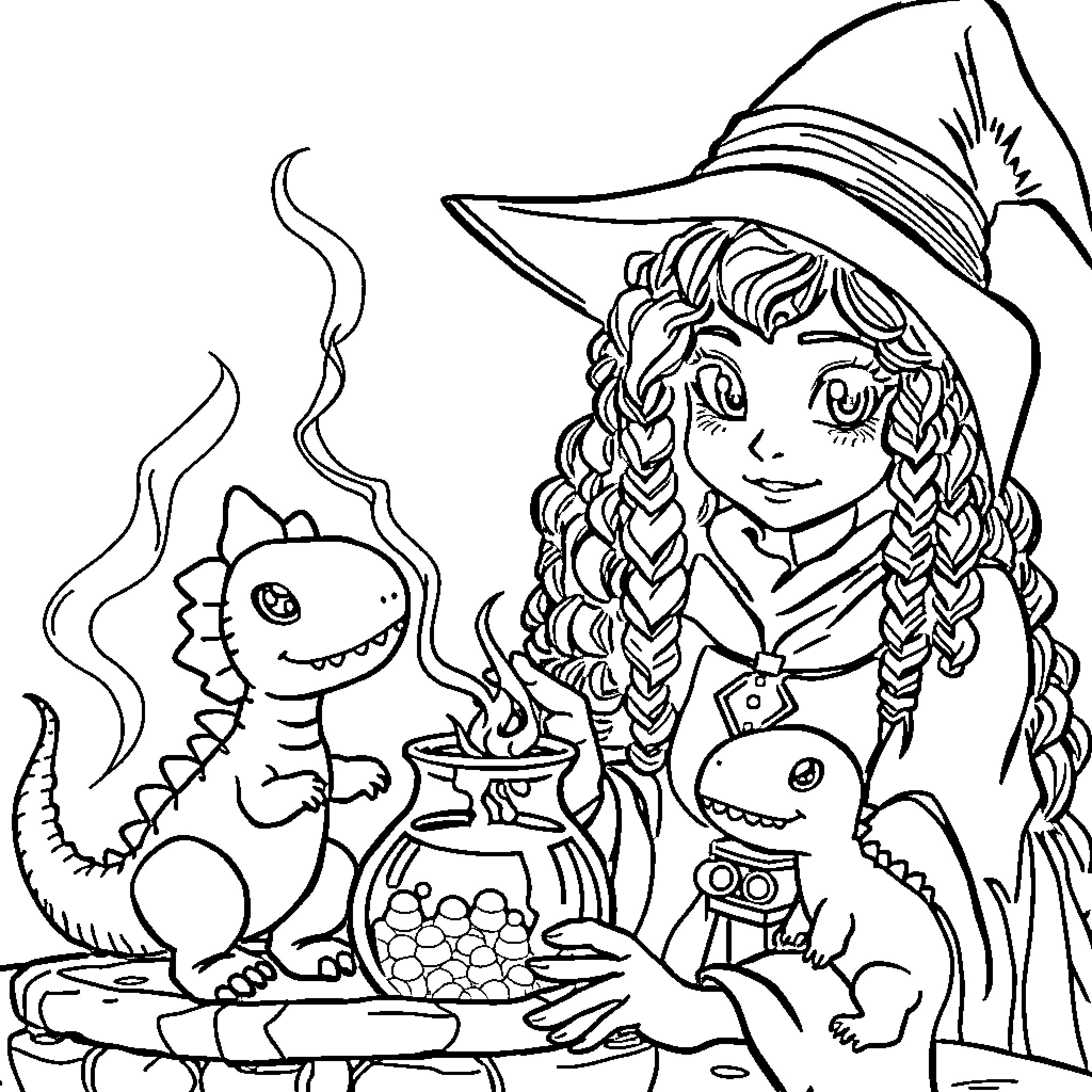 Sorceress conjuring magical creatures Coloring Page (free black-and-white line drawing printable PDF for all, from beginners to advanced learners, including children, teens, adults, and seniors)