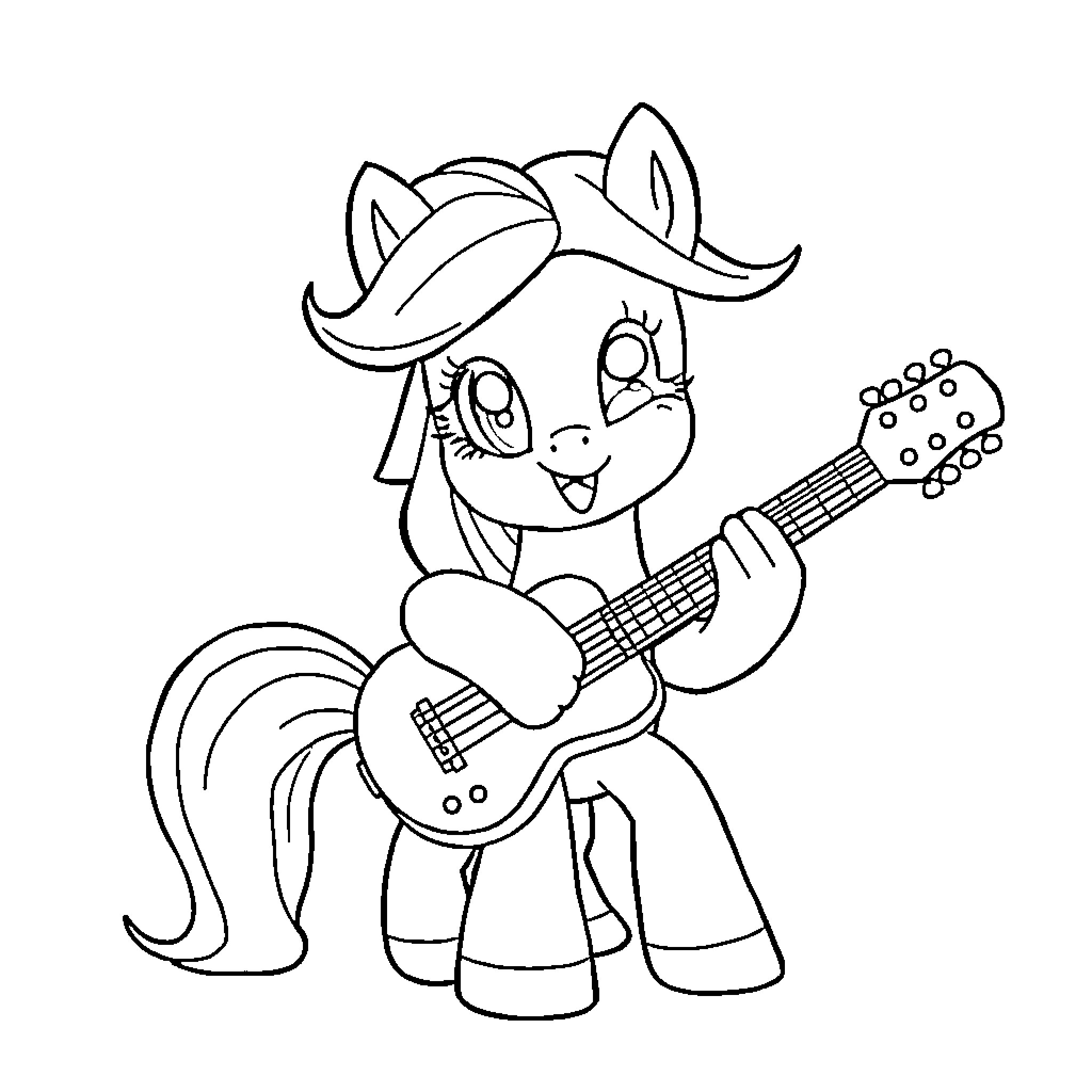 Pony playing guitar and wearing cowboy hat Coloring Page (free black-and-white line drawing printable PDF for all, from beginners to advanced learners, including children, teens, adults, and seniors)