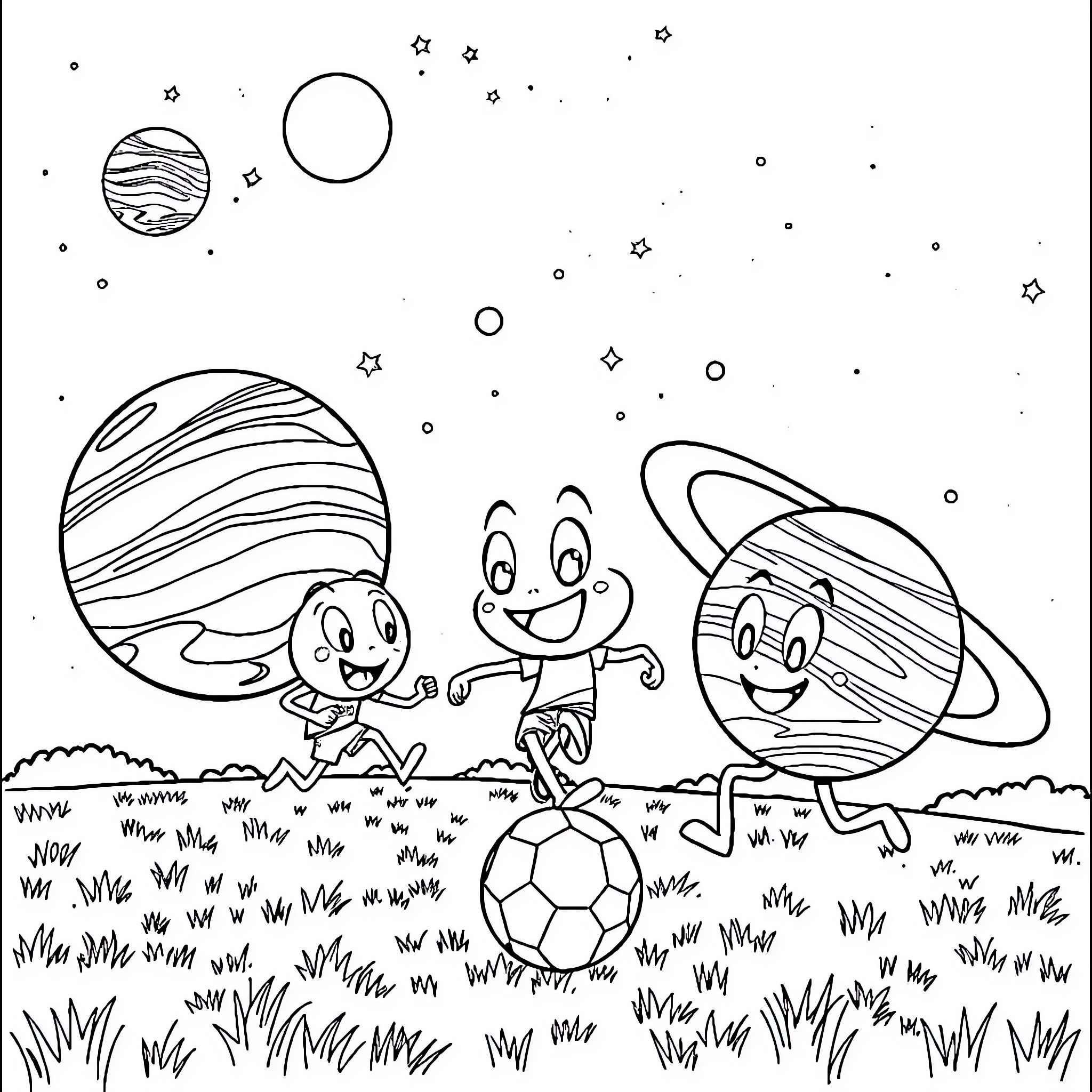 Planet Friends Playing Soccer in the Cosmos Coloring Page (free black-and-white line drawing printable PDF for all, from beginners to advanced learners, including children, teens, adults, and seniors)