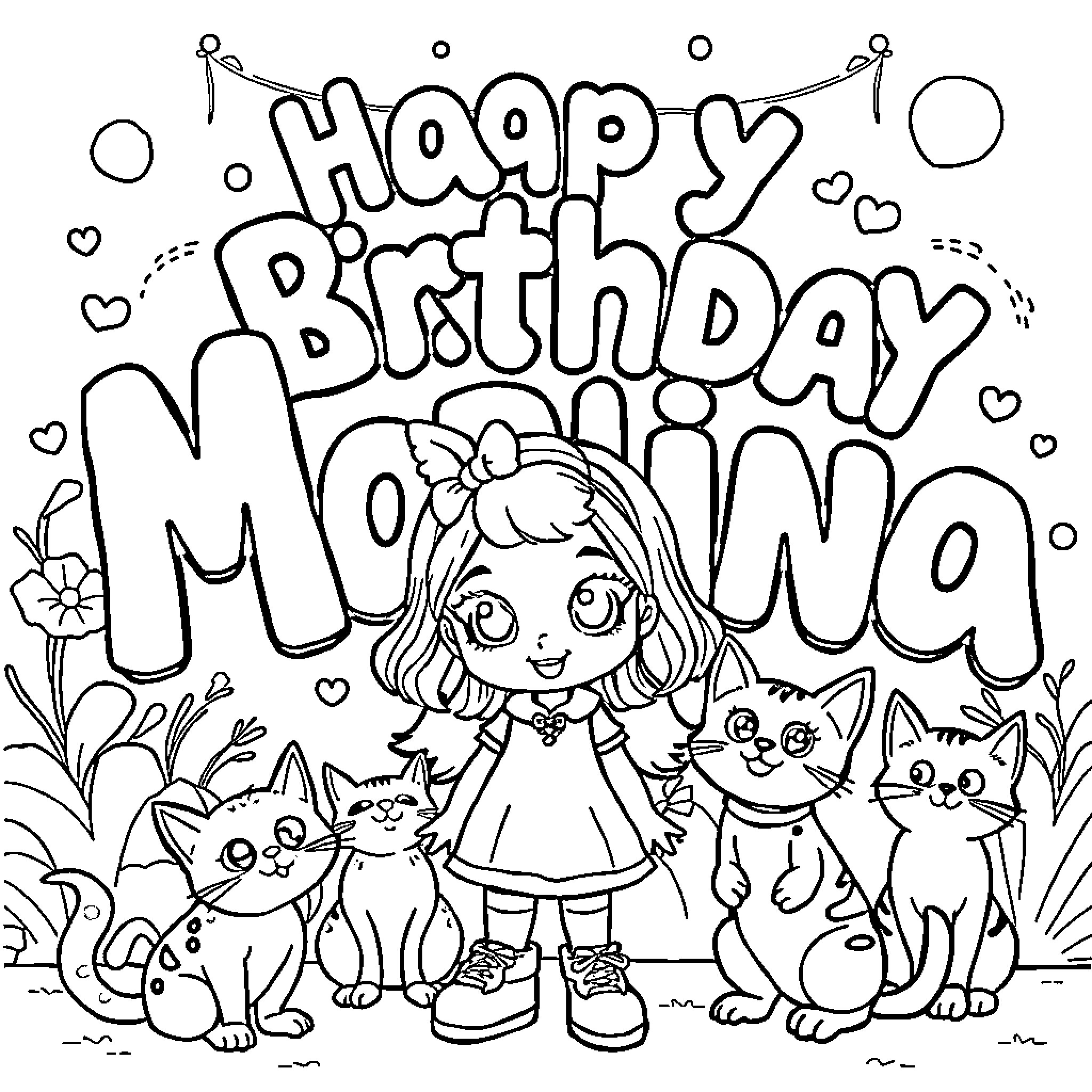 Gabby's Happy Birthday with Kittens Coloring Page (free black-and-white line drawing printable PDF for all, from beginners to advanced learners, including children, teens, adults, and seniors)