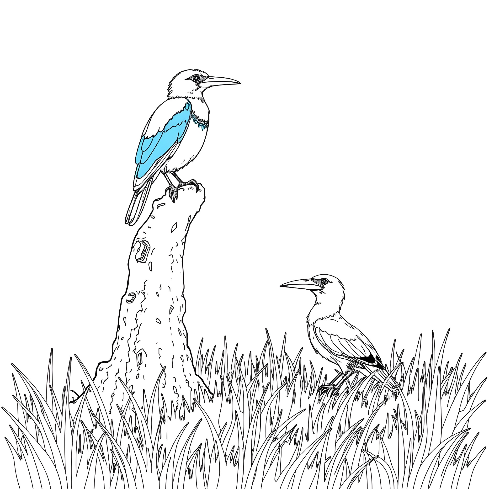 Cyanocorax Yncas observing the serenity of nature Coloring Page (free black-and-white line drawing printable PDF for all, from beginners to advanced learners, including children, teens, adults, and seniors)