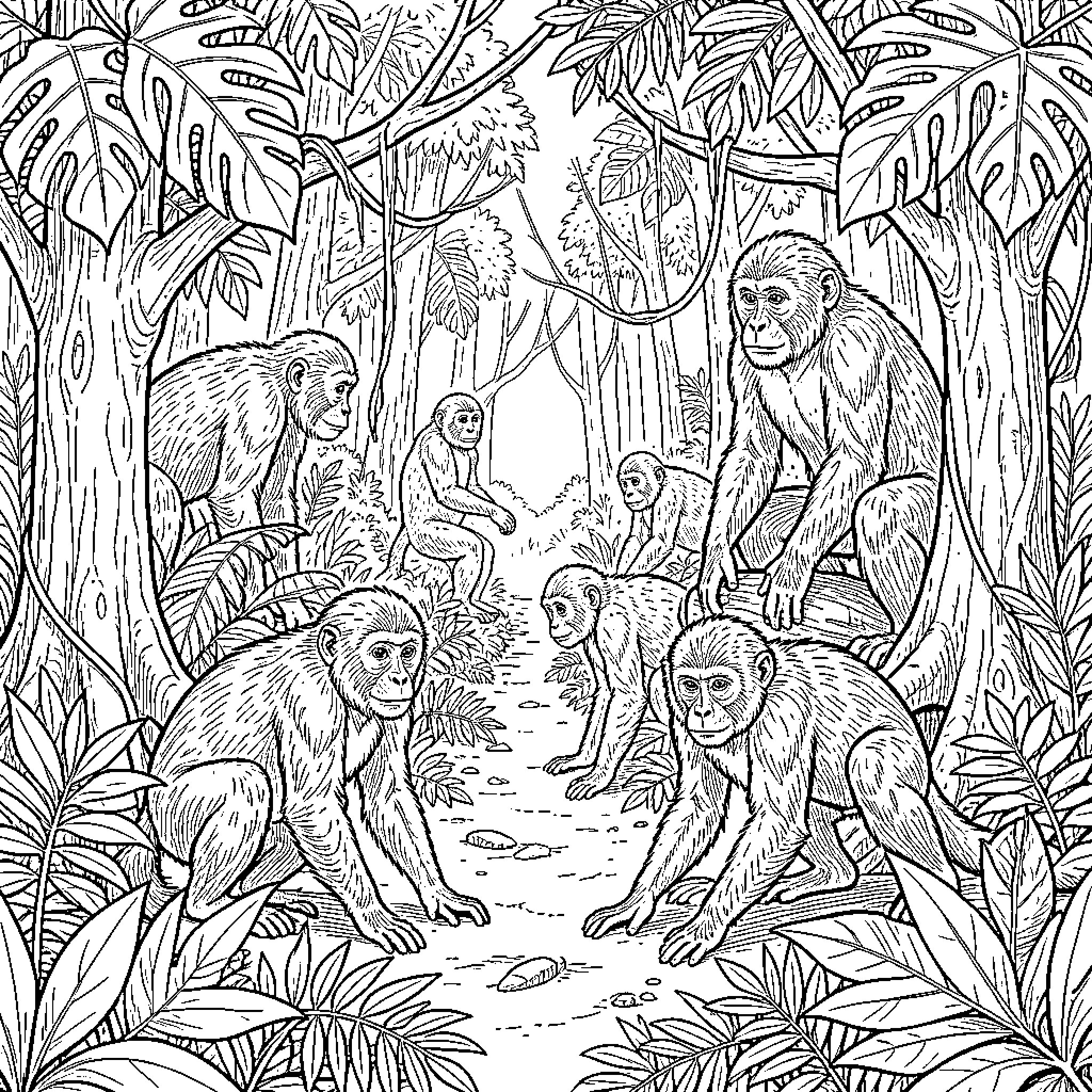 Primate Family Gathering in Lush Jungle Landscape Coloring Page (free black-and-white line drawing printable PDF for all, from beginners to advanced learners, including children, teens, adults, and seniors)