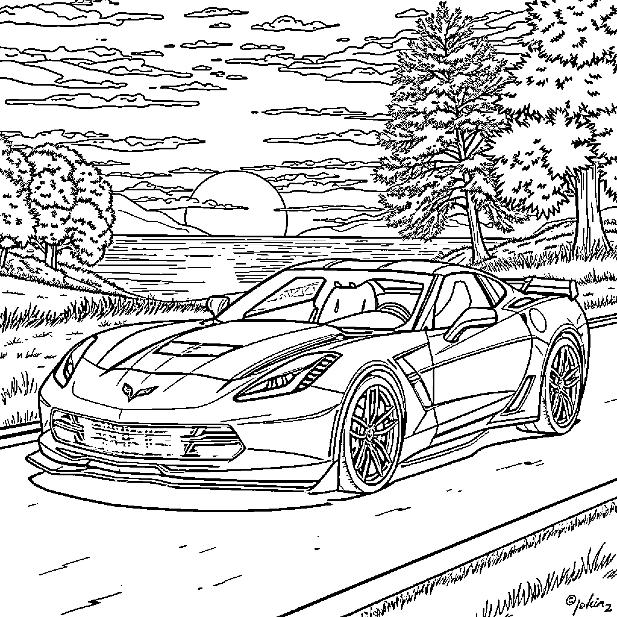 Corvette speeding along scenic countryside Coloring Page (free black-and-white line drawing printable PDF for all, from beginners to advanced learners, including children, teens, adults, and seniors)