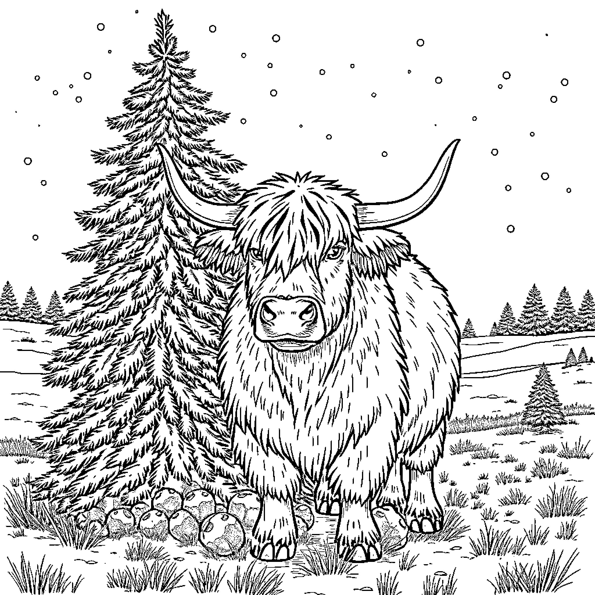 Highland Cow standing amidst snowy winter landscape Coloring Page (free black-and-white line drawing printable PDF for all, from beginners to advanced learners, including children, teens, adults, and seniors)