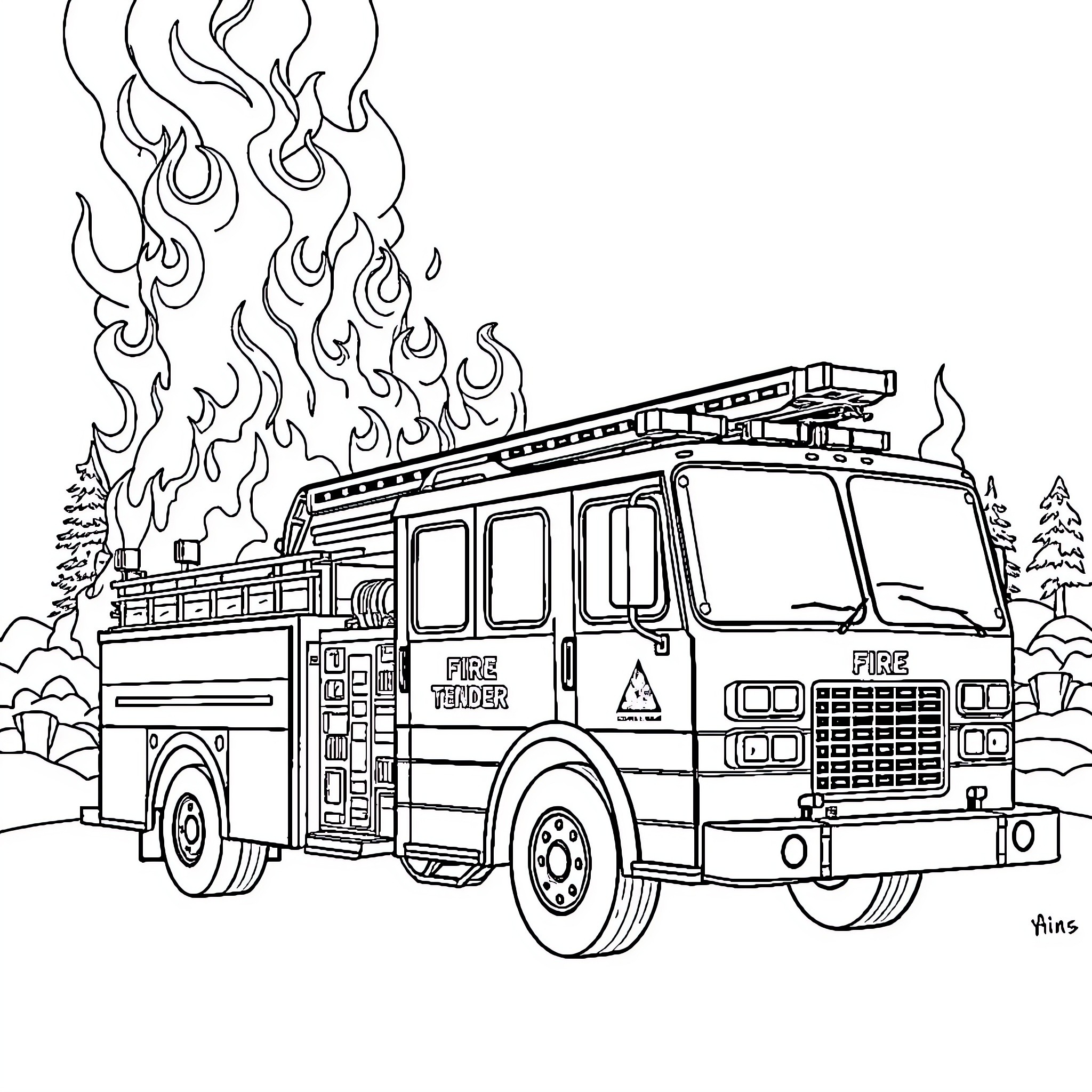 Fire Tender Firefighters Battling Blaze in Forest Coloring Page (free black-and-white line drawing printable PDF for all, from beginners to advanced learners, including children, teens, adults, and seniors)
