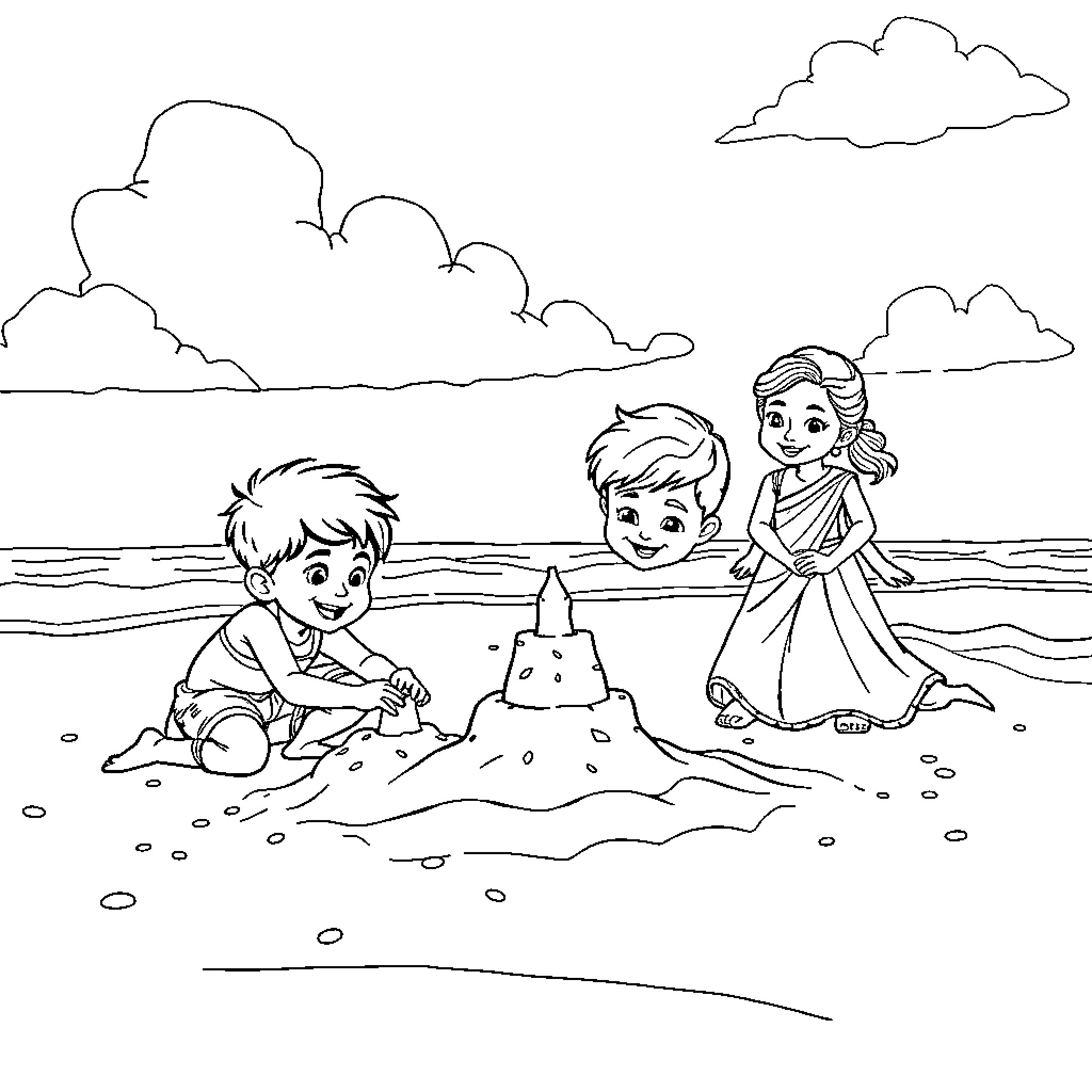 Boy playing in the sand with girl at the beach Coloring Page (free black-and-white line drawing printable PDF for all, from beginners to advanced learners, including children, teens, adults, and seniors)