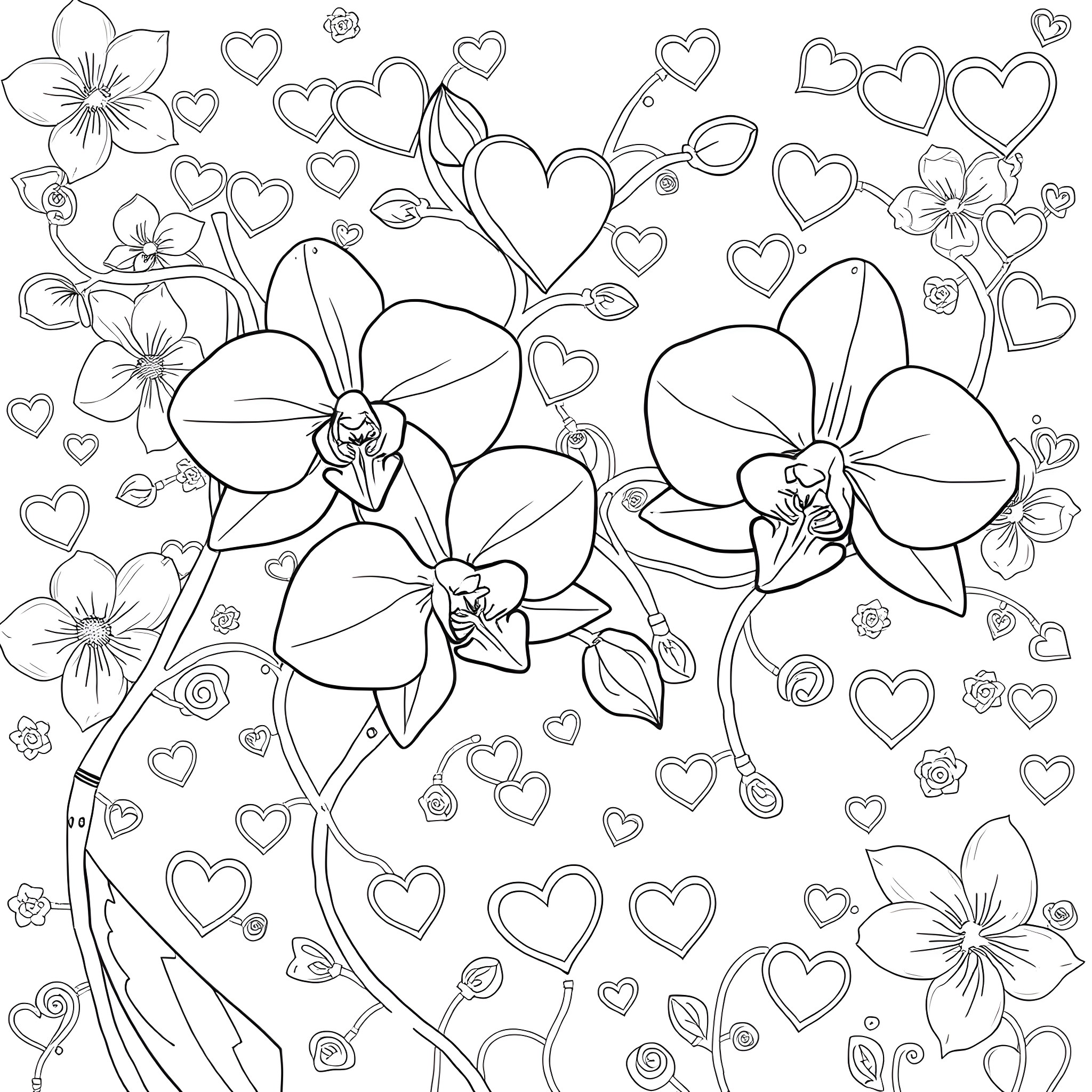 Orchid blossoms amidst a field of hearts Coloring Page (free black-and-white line drawing printable PDF for all, from beginners to advanced learners, including children, teens, adults, and seniors)