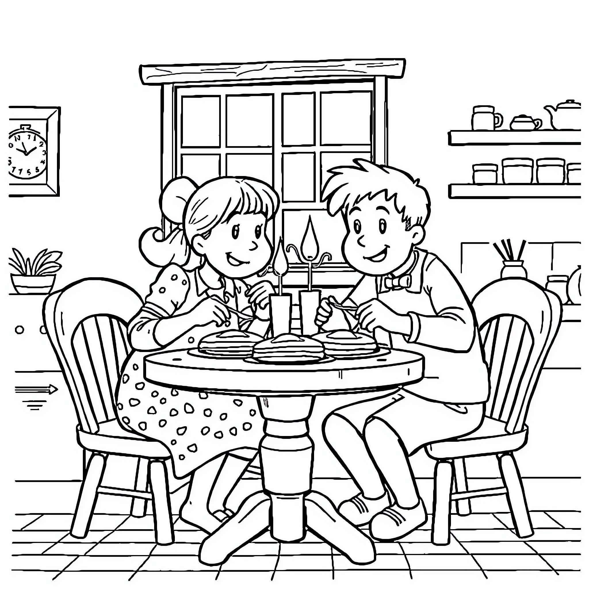 Rosie and friends enjoy a cozy meal together Coloring Page (free black-and-white line drawing printable PDF for all, from beginners to advanced learners, including children, teens, adults, and seniors)