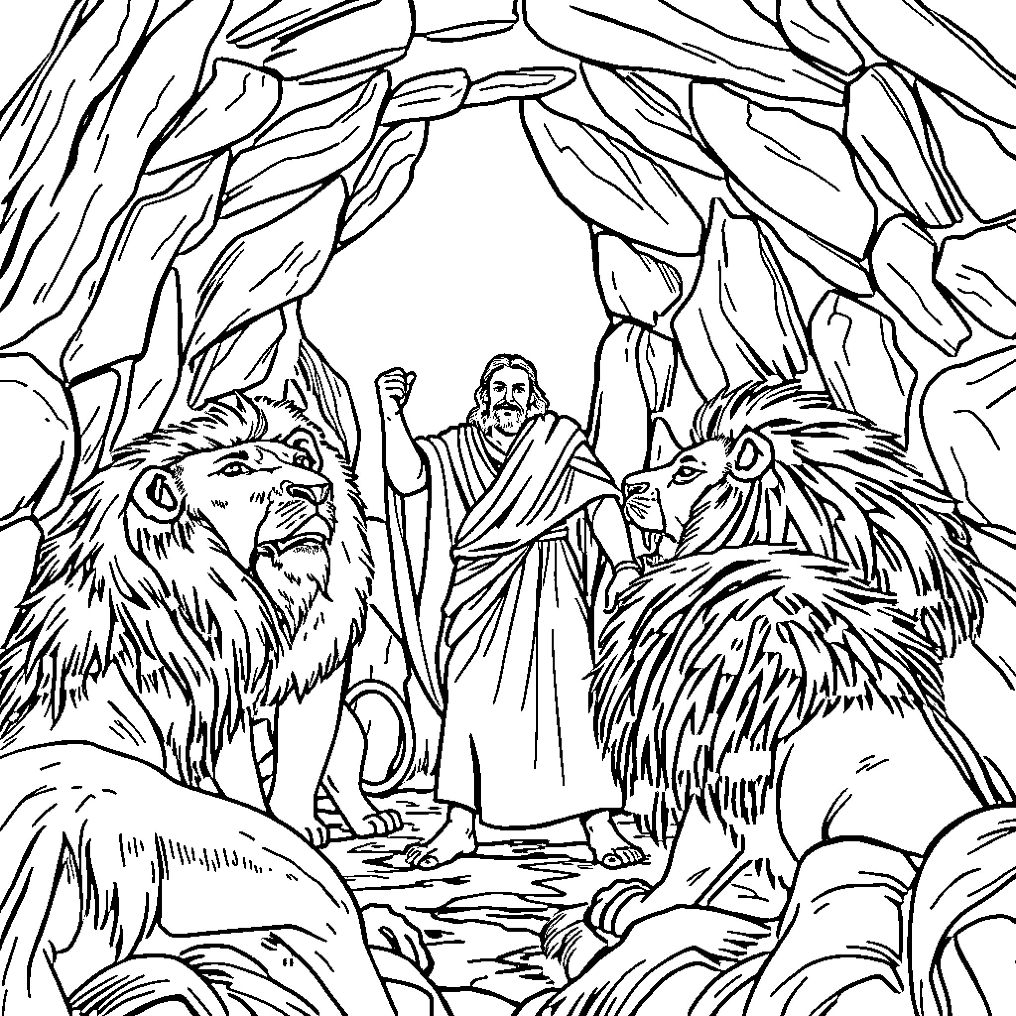 Daniel's Encounter with Fierce Lions in the Cave Coloring Page (free black-and-white line drawing printable PDF for all, from beginners to advanced learners, including children, teens, adults, and seniors)