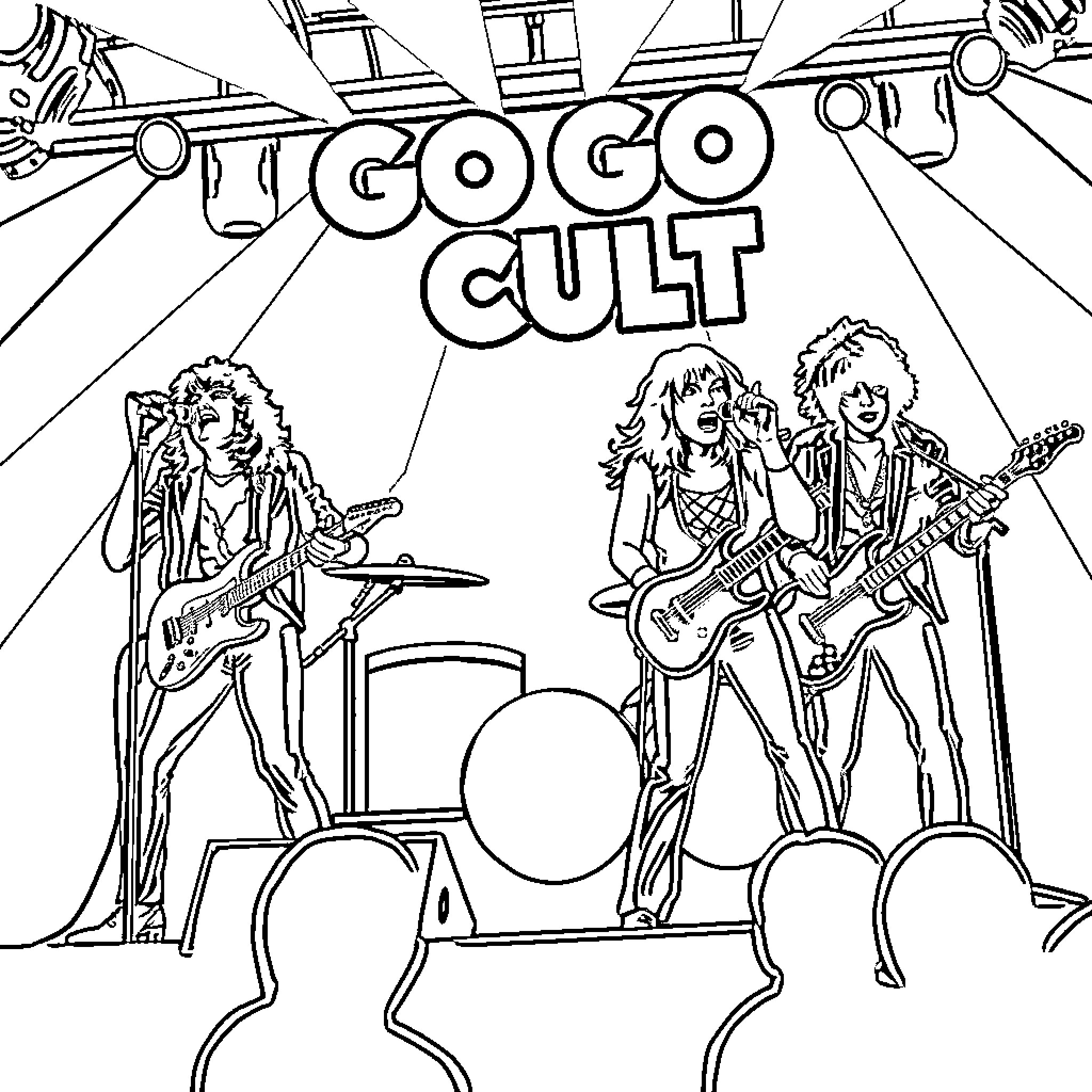 Go Go Cult: Band Members Performing on Stage Coloring Page (free black-and-white line drawing printable PDF for all, from beginners to advanced learners, including children, teens, adults, and seniors)
