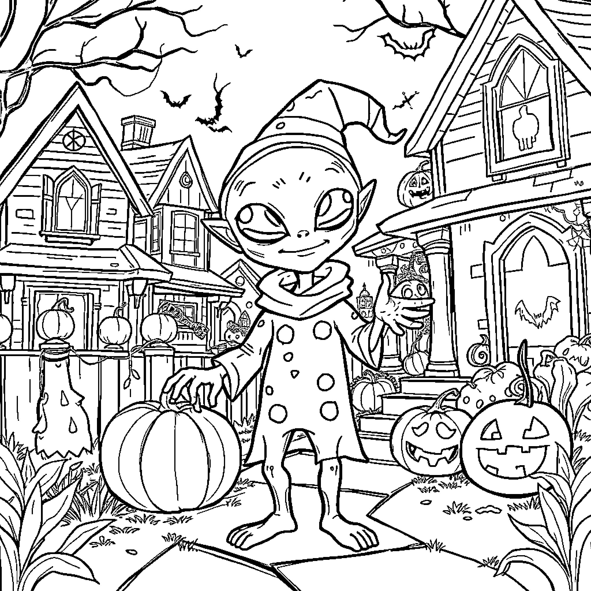 Alien Trick-or-Treating on a Spooky Halloween Night Coloring Page (free black-and-white line drawing printable PDF for all, from beginners to advanced learners, including children, teens, adults, and seniors)