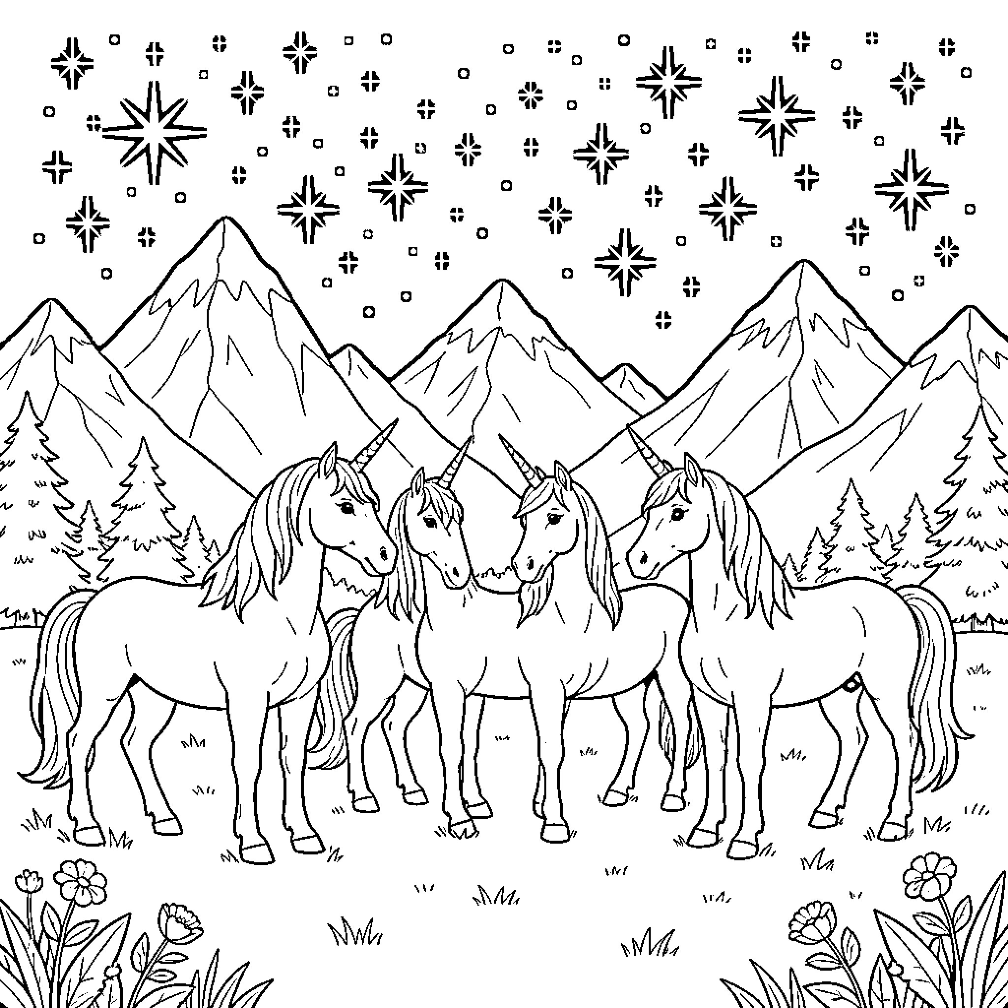Unicorn herd galloping through snowy mountains Coloring Page (free black-and-white line drawing printable PDF for all, from beginners to advanced learners, including children, teens, adults, and seniors)
