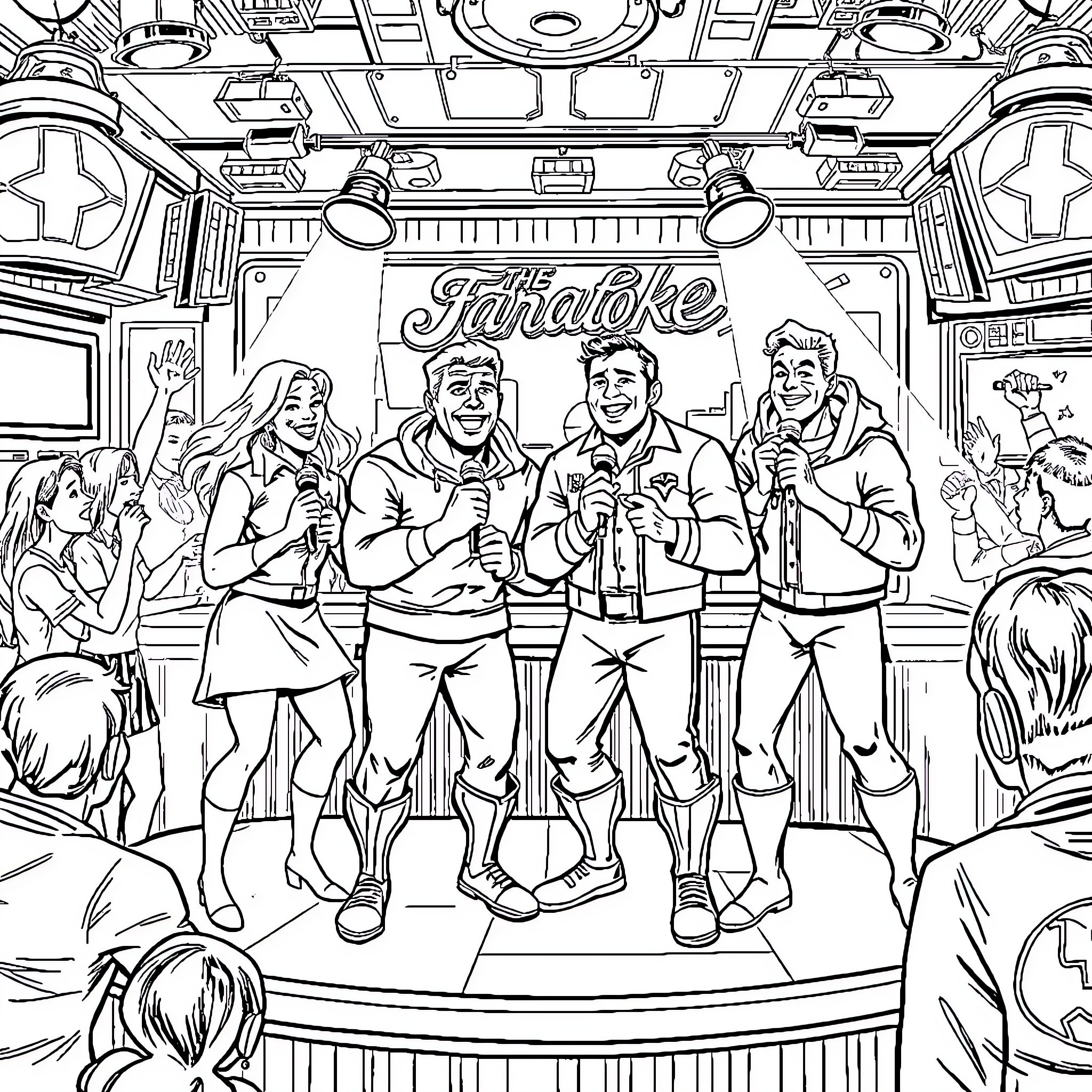 Fantastic Four Performing on Stage Coloring Page (free black-and-white line drawing printable PDF for all, from beginners to advanced learners, including children, teens, adults, and seniors)