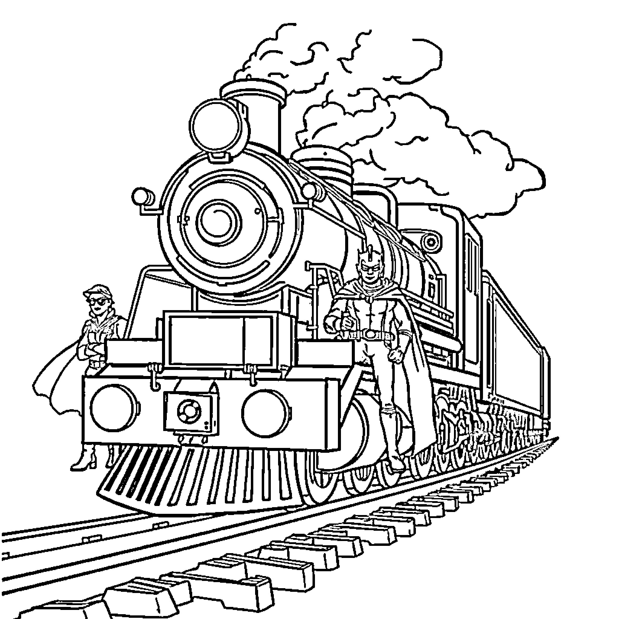 Train Transporting Passengers on Railway Track Coloring Page (free black-and-white line drawing printable PDF for all, from beginners to advanced learners, including children, teens, adults, and seniors)