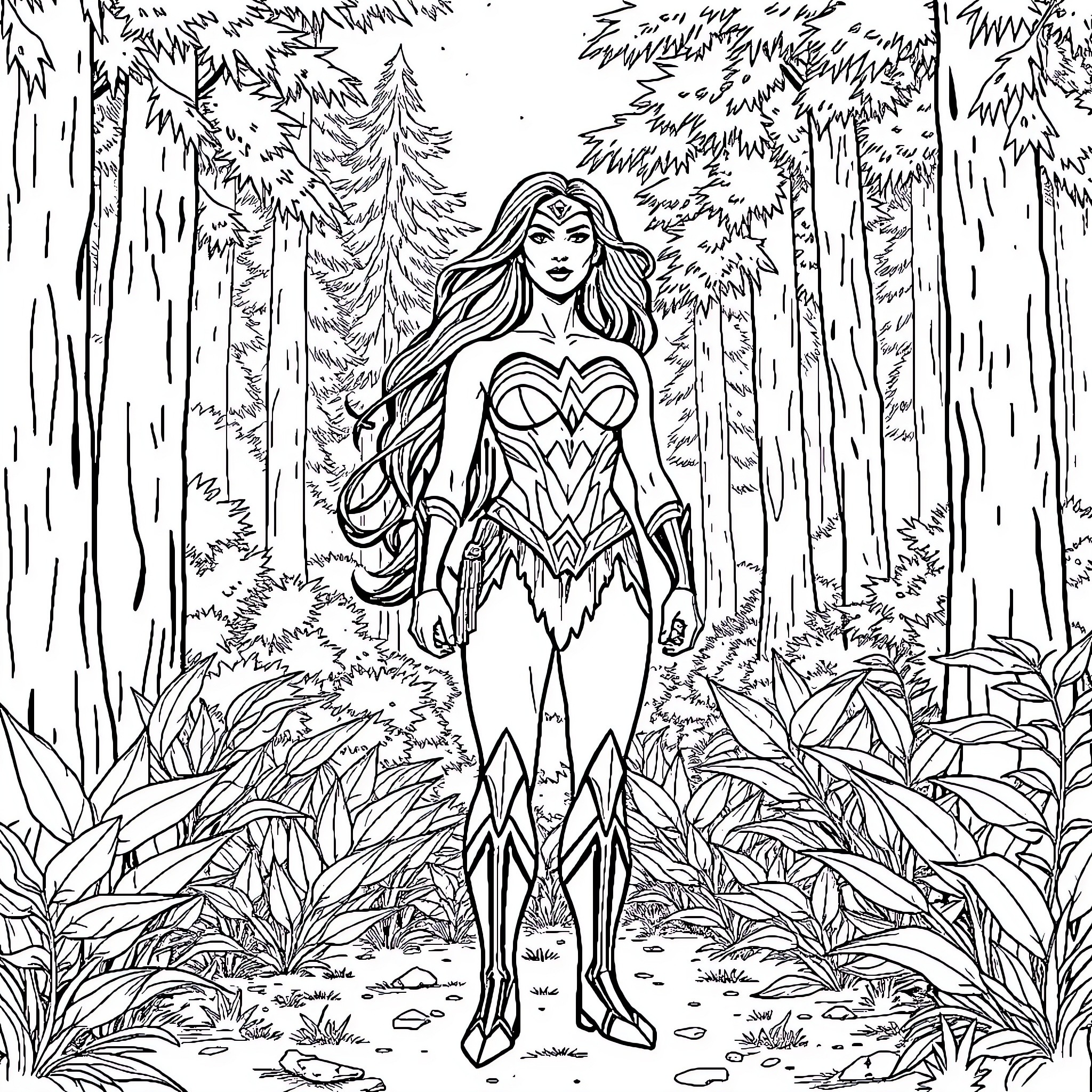 Wonder Woman exploring the enchanted forest Coloring Page (free black-and-white line drawing printable PDF for all, from beginners to advanced learners, including children, teens, adults, and seniors)