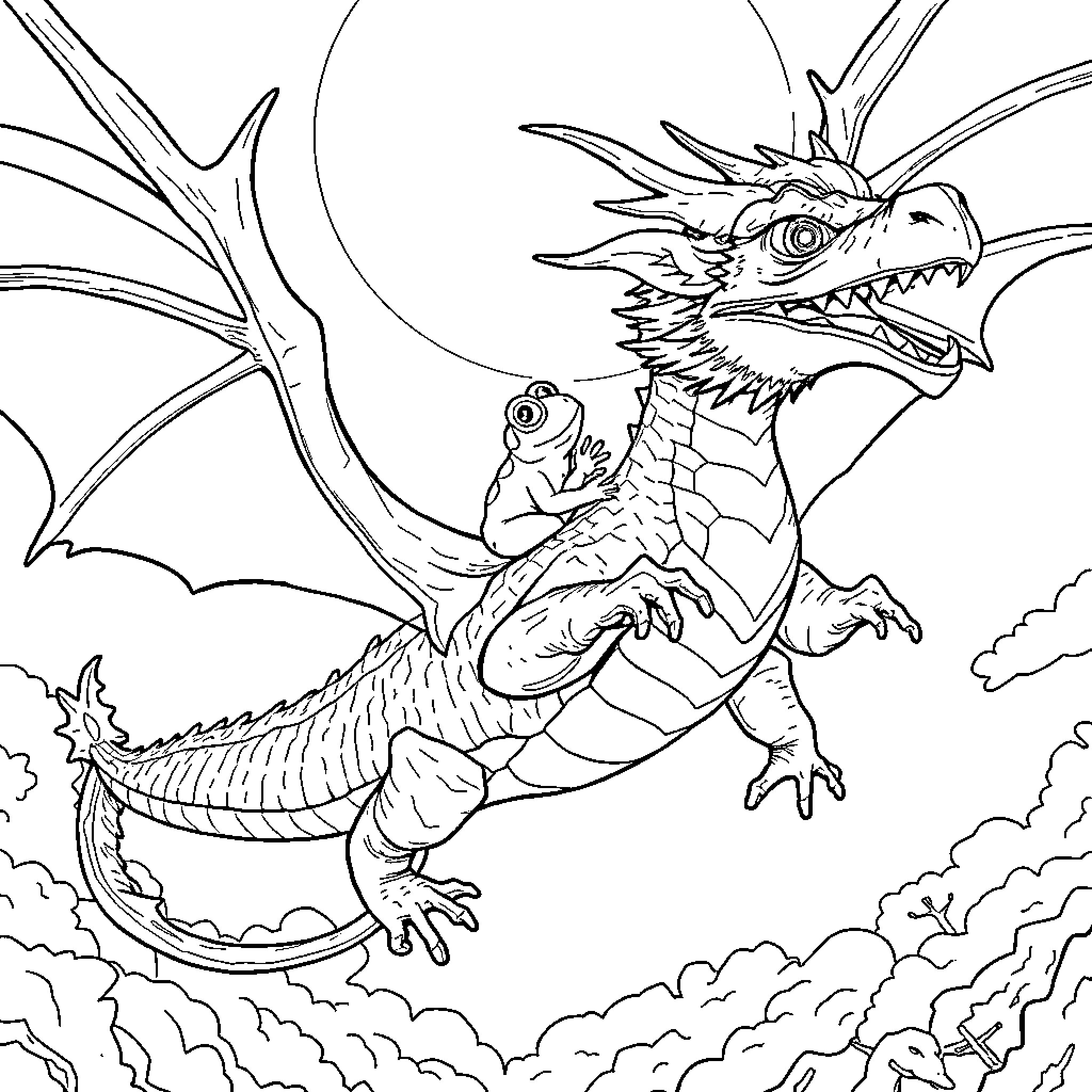 Frog riding a fierce dragon in the sky Coloring Page (free black-and-white line drawing printable PDF for all, from beginners to advanced learners, including children, teens, adults, and seniors)