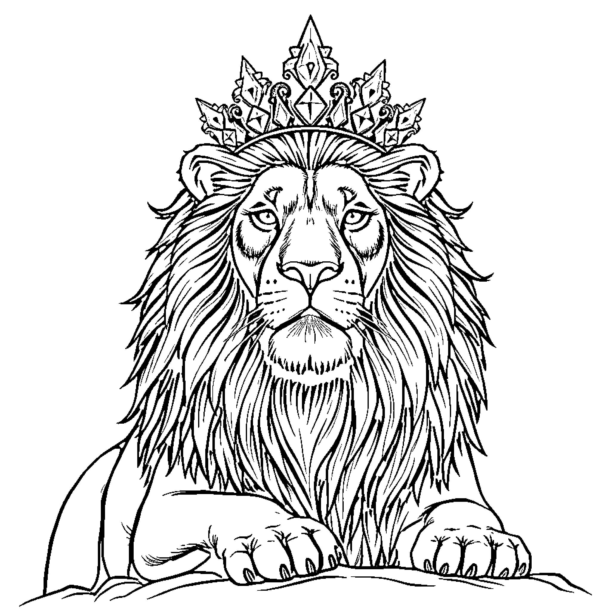 Lion with majestic crown in resting pose Coloring Page (free black-and-white line drawing printable PDF for all, from beginners to advanced learners, including children, teens, adults, and seniors)