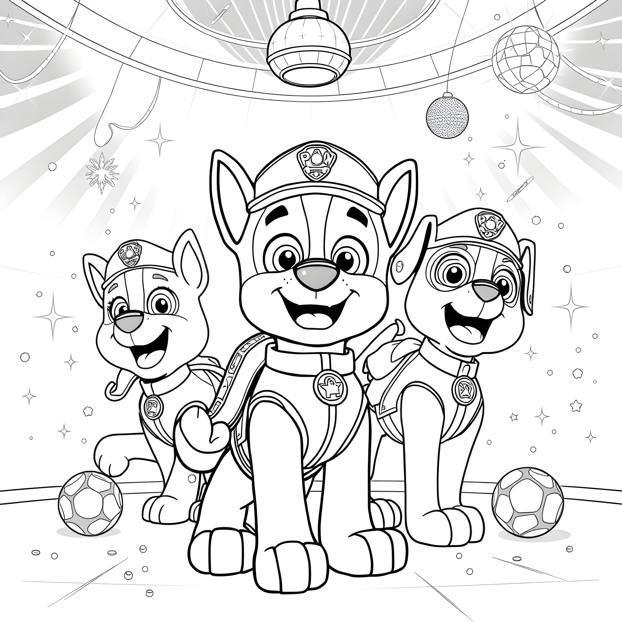 Chase the pups on an adventure Coloring Page (free black-and-white line drawing printable PDF for all, from beginners to advanced learners, including children, teens, adults, and seniors)