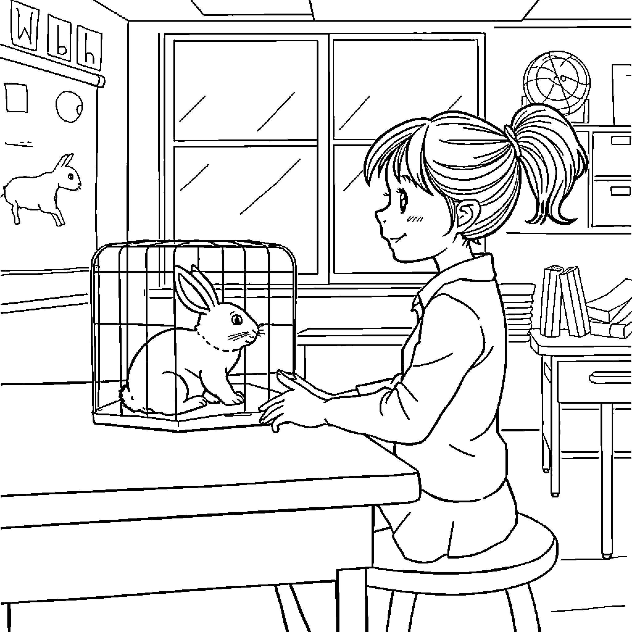 Girl interacting with pet rabbit in cozy home setting Coloring Page (free black-and-white line drawing printable PDF for all, from beginners to advanced learners, including children, teens, adults, and seniors)