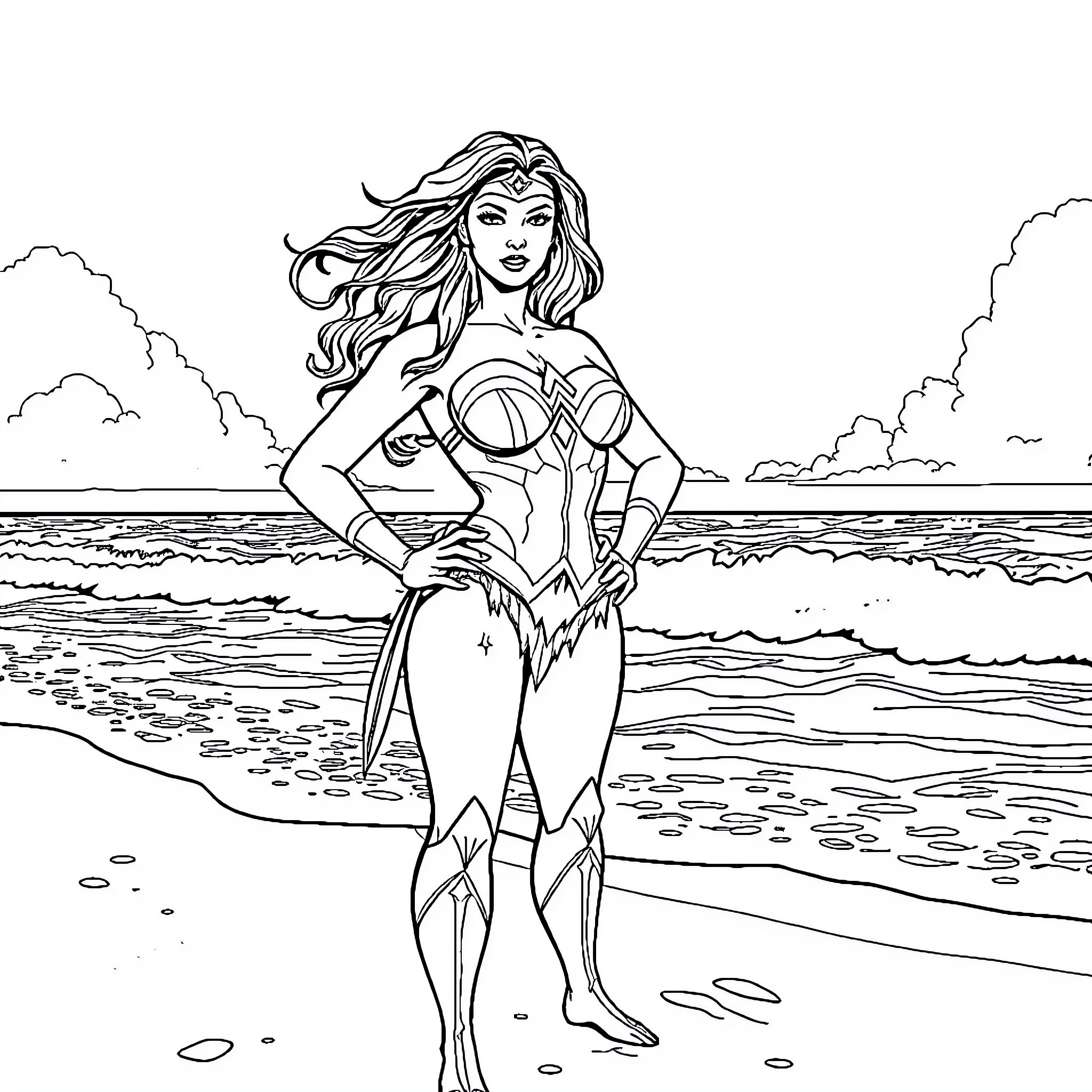 Wonder Woman posing heroically on the beach Coloring Page (free black-and-white line drawing printable PDF for all, from beginners to advanced learners, including children, teens, adults, and seniors)