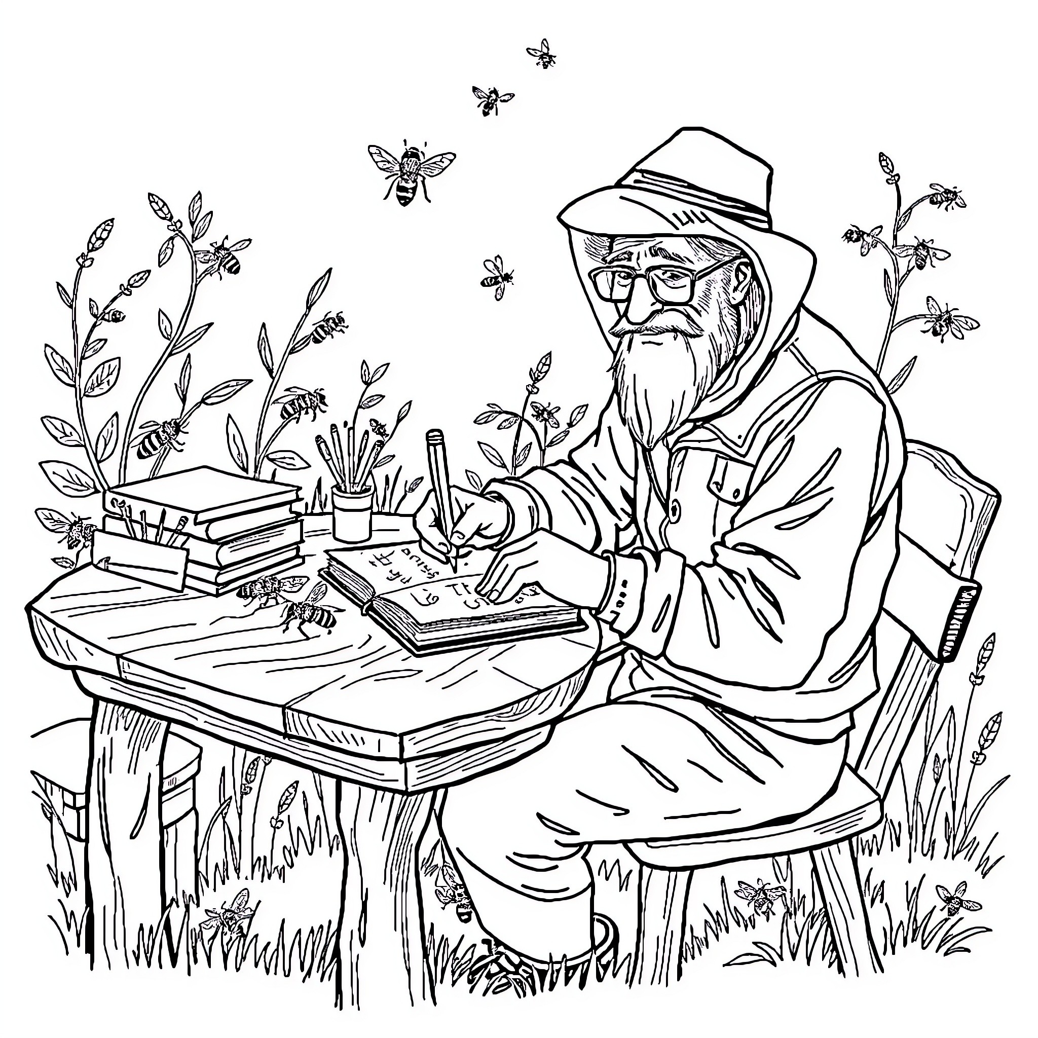 Beekeeper studying nature's wonders at his desk Coloring Page (free black-and-white line drawing printable PDF for all, from beginners to advanced learners, including children, teens, adults, and seniors)