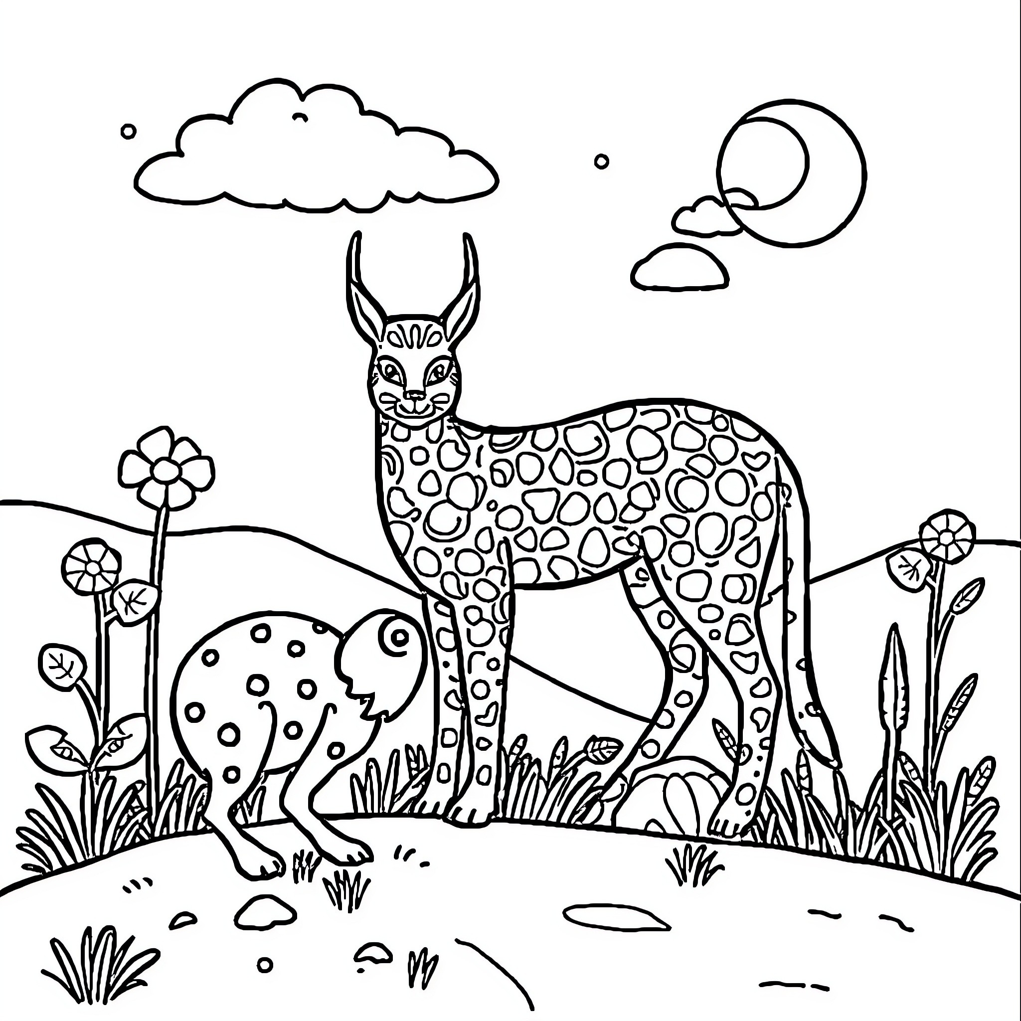 Drawing Ideas for a Whimsical Spotted Deer in Nature Coloring Page (free black-and-white line drawing printable PDF for all, from beginners to advanced learners, including children, teens, adults, and seniors)