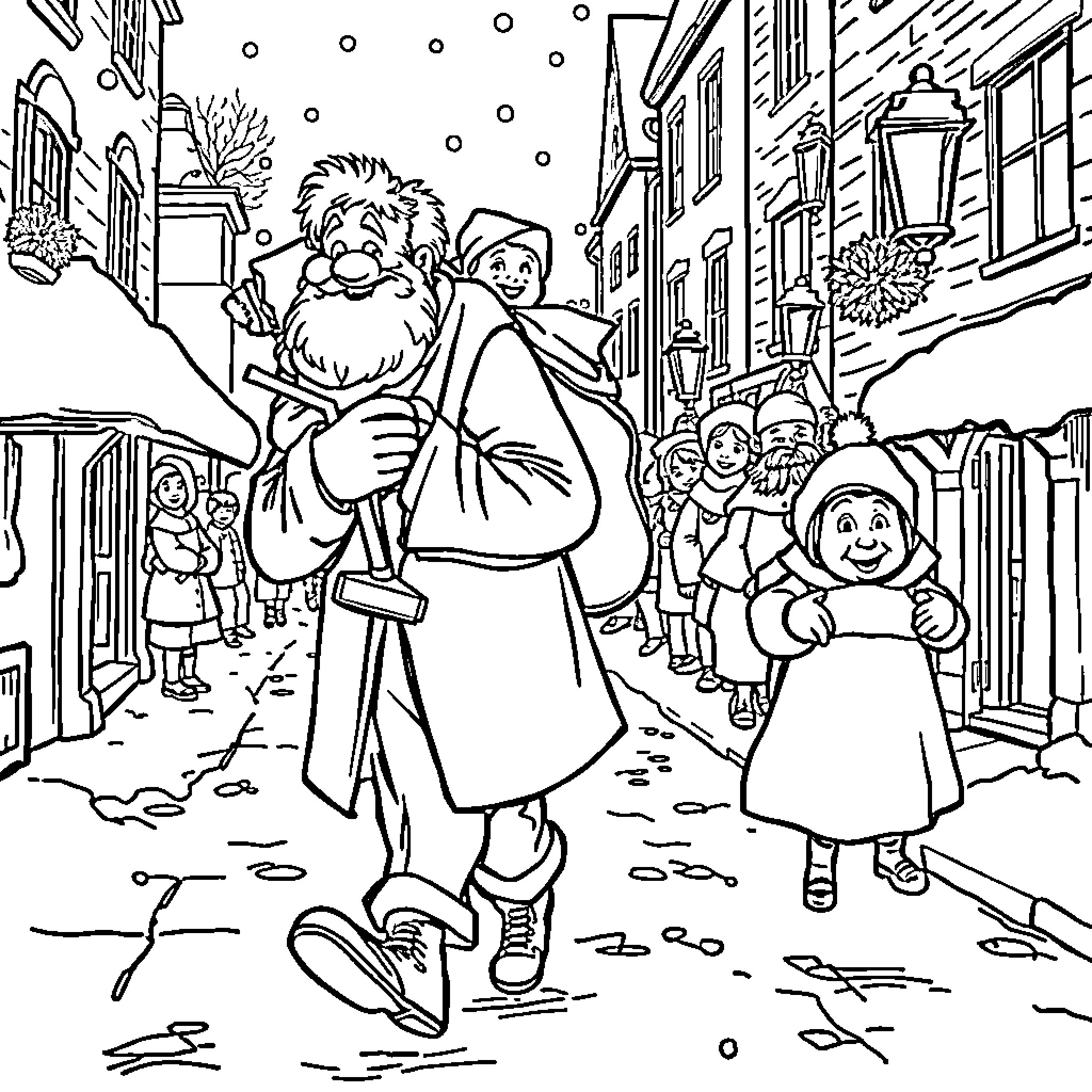 Scrooge and Tiny Tim on a snowy London street Coloring Page (free black-and-white line drawing printable PDF for all, from beginners to advanced learners, including children, teens, adults, and seniors)