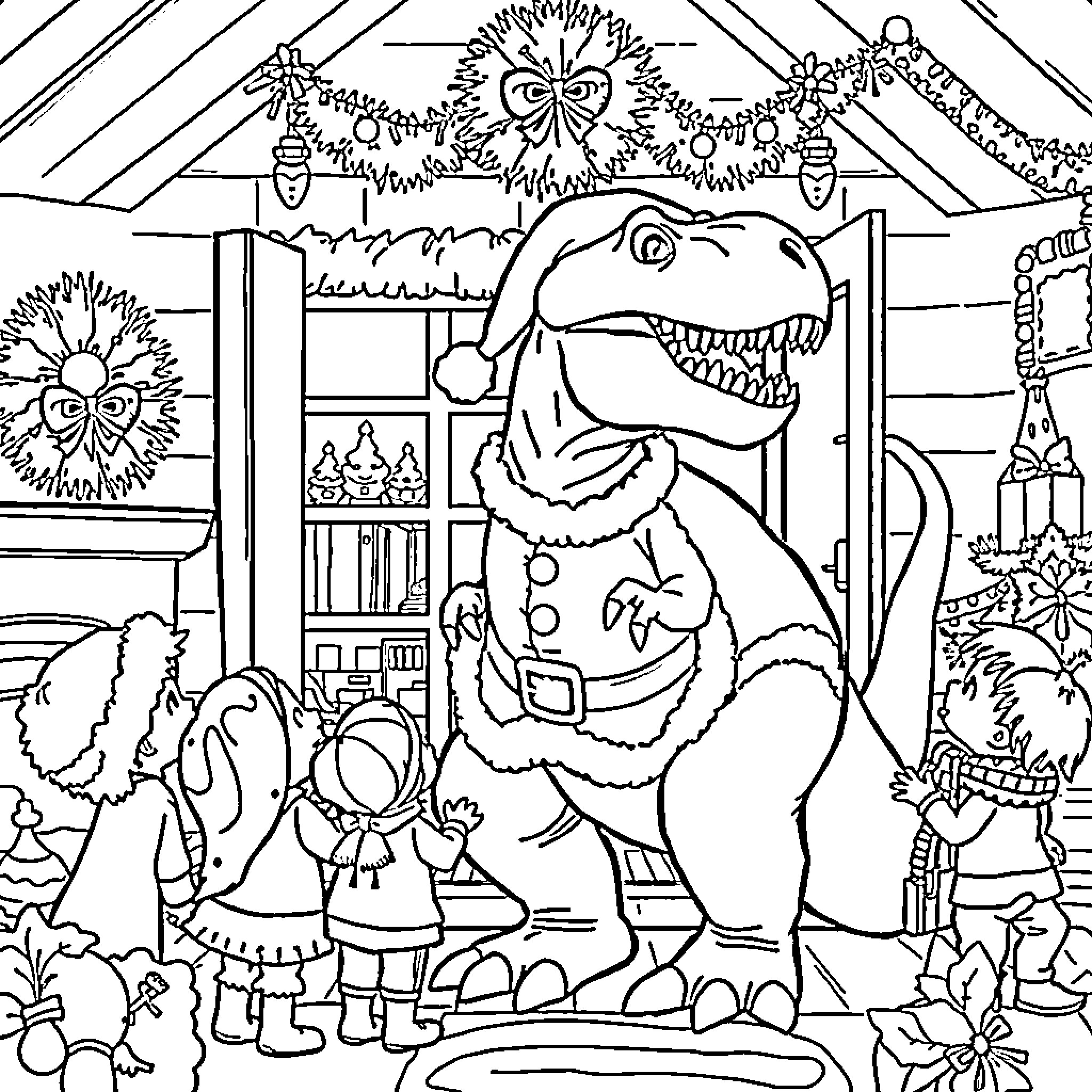 Dinosaur roaring in festively decorated home Coloring Page (free black-and-white line drawing printable PDF for all, from beginners to advanced learners, including children, teens, adults, and seniors)