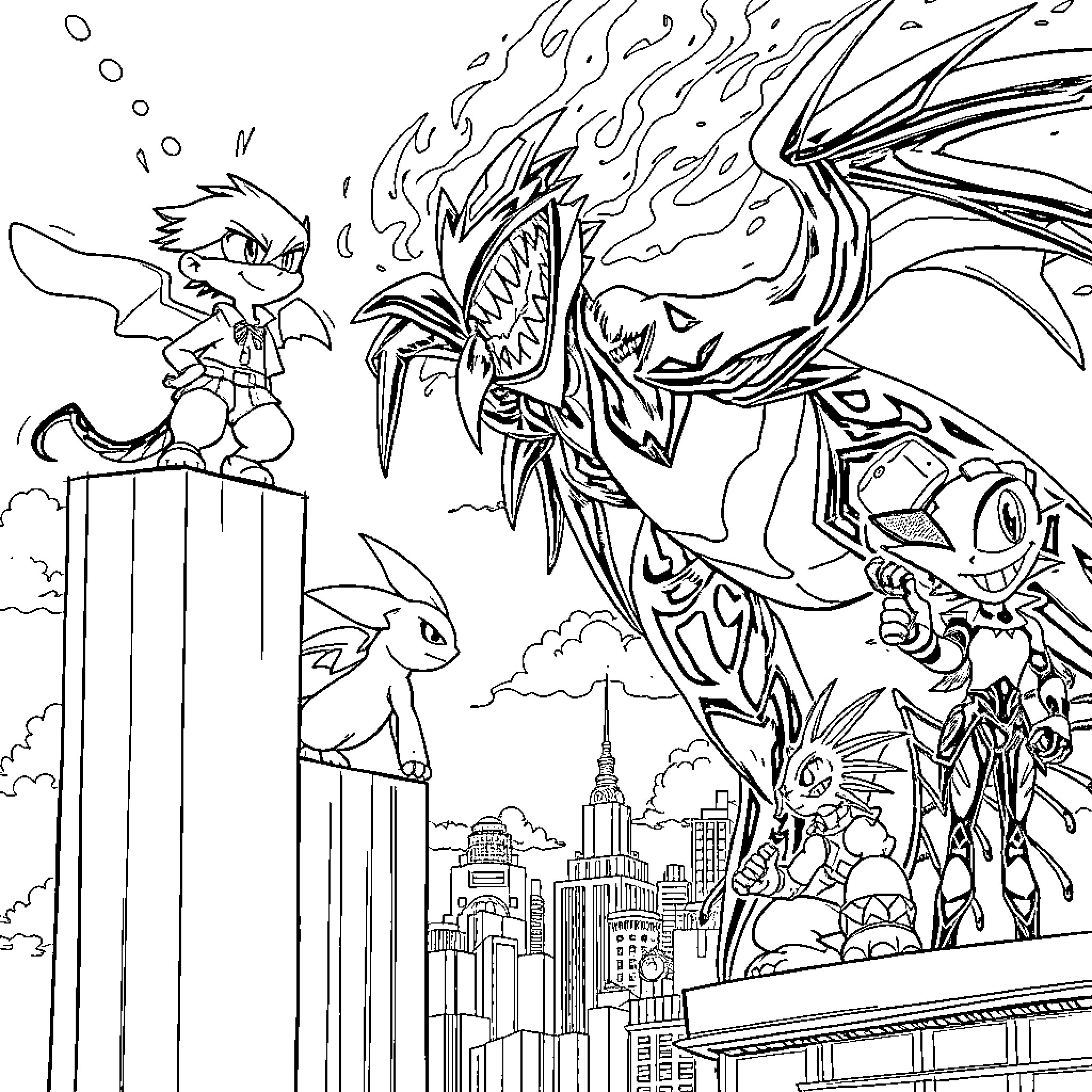 Sly Cooper battling fierce dragon in urban setting Coloring Page (free black-and-white line drawing printable PDF for all, from beginners to advanced learners, including children, teens, adults, and seniors)