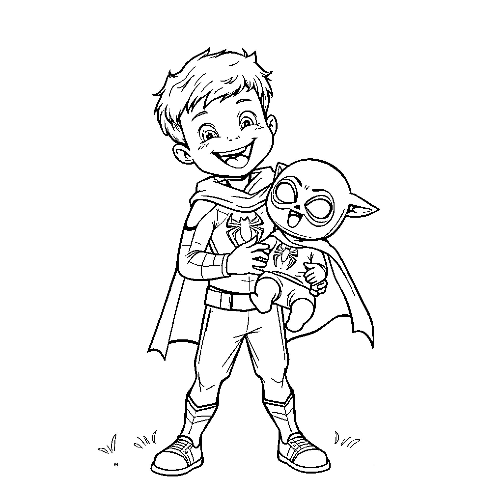 Boy dressed as superhero happily posing with robot toy Coloring Page (free black-and-white line drawing printable PDF for all, from beginners to advanced learners, including children, teens, adults, and seniors)