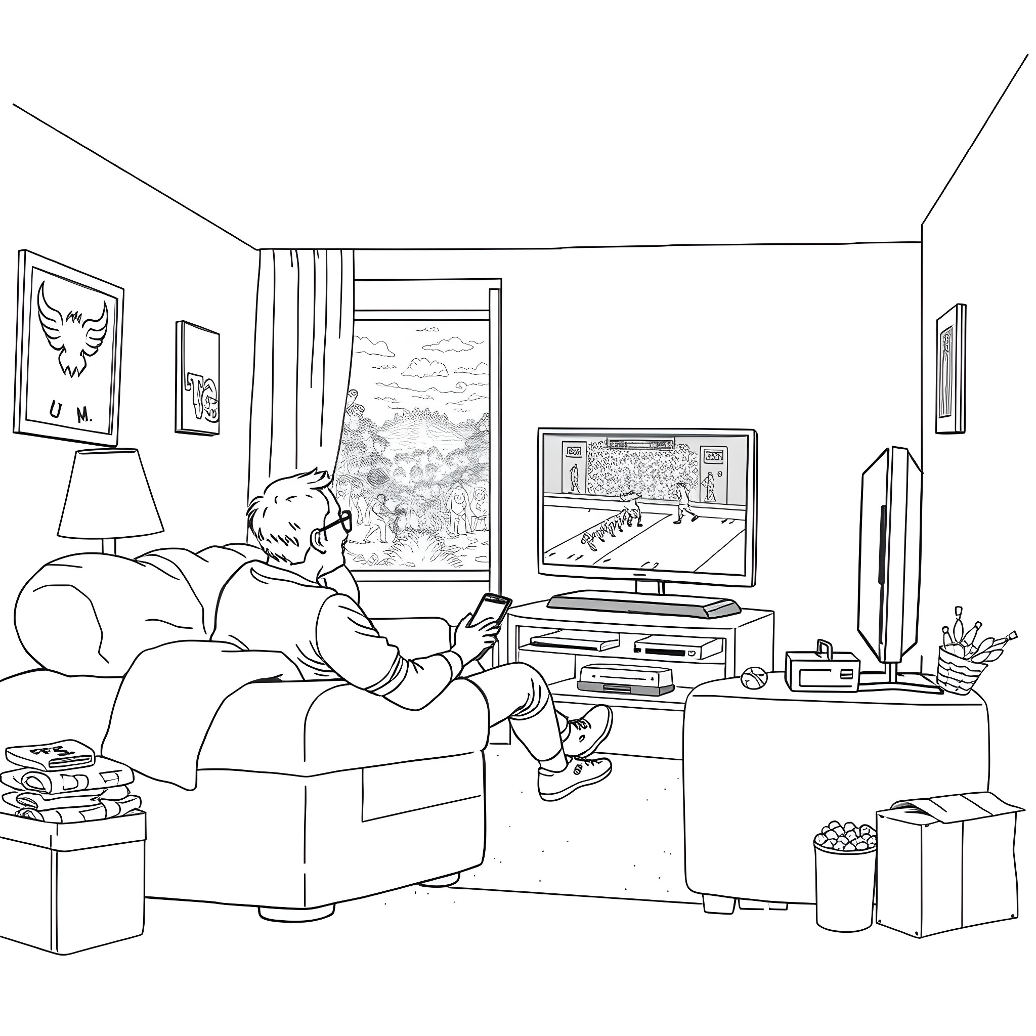 Dad relaxing and enjoying entertainment at home Coloring Page (free black-and-white line drawing printable PDF for all, from beginners to advanced learners, including children, teens, adults, and seniors)