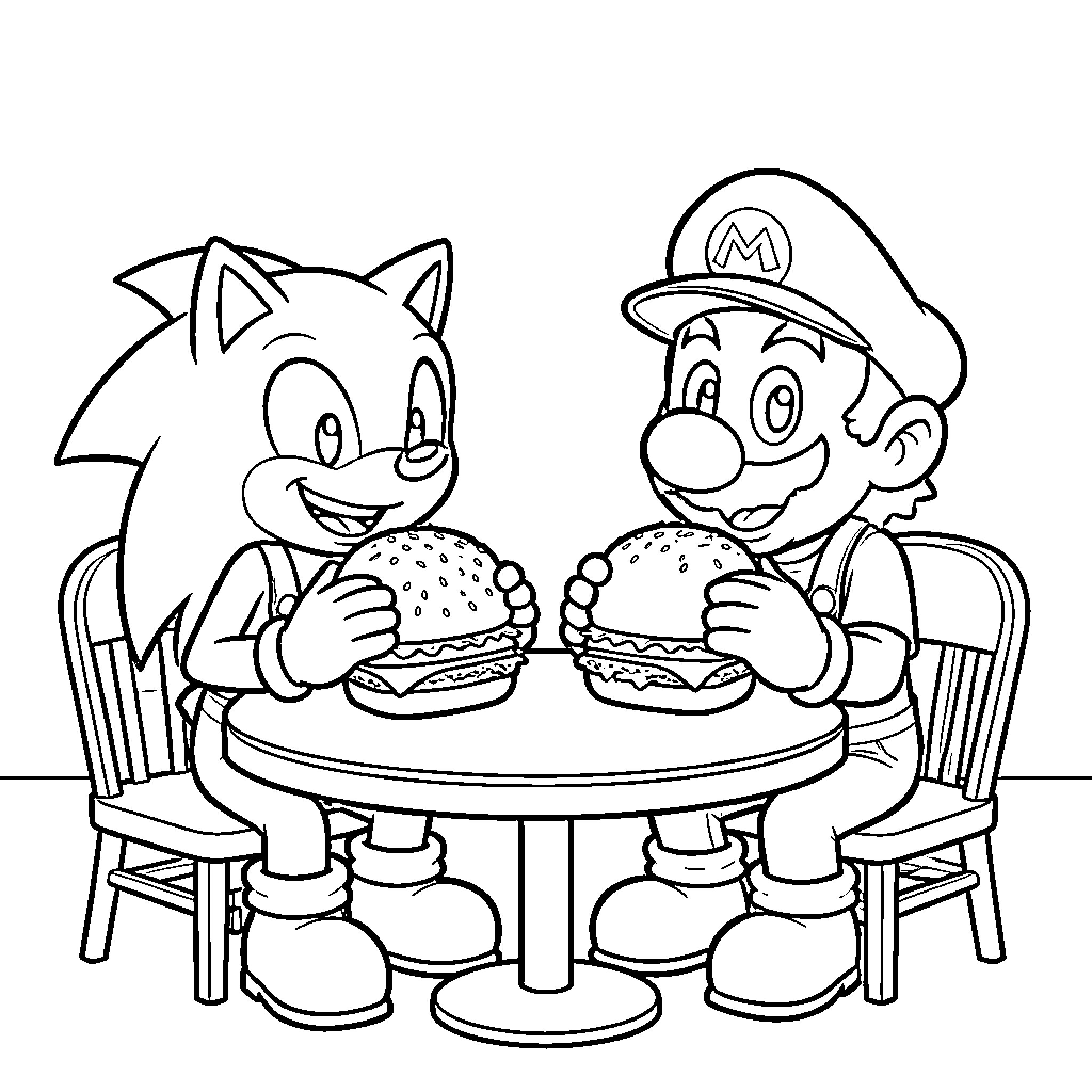 Sonic and Mario eating burgers at a table Coloring Page (free black-and-white line drawing printable PDF for all, from beginners to advanced learners, including children, teens, adults, and seniors)