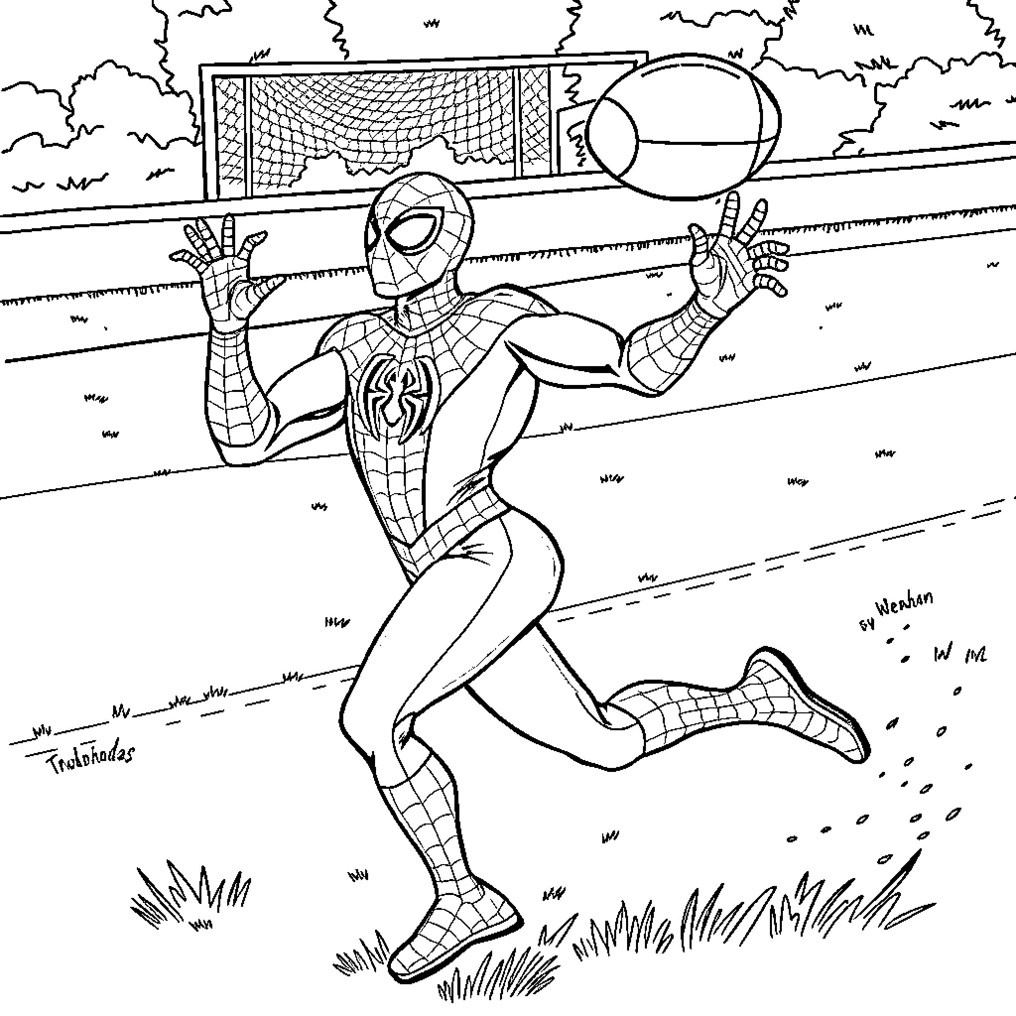 Spiderman leaping into action on the field Coloring Page (free black-and-white line drawing printable PDF for all, from beginners to advanced learners, including children, teens, adults, and seniors)