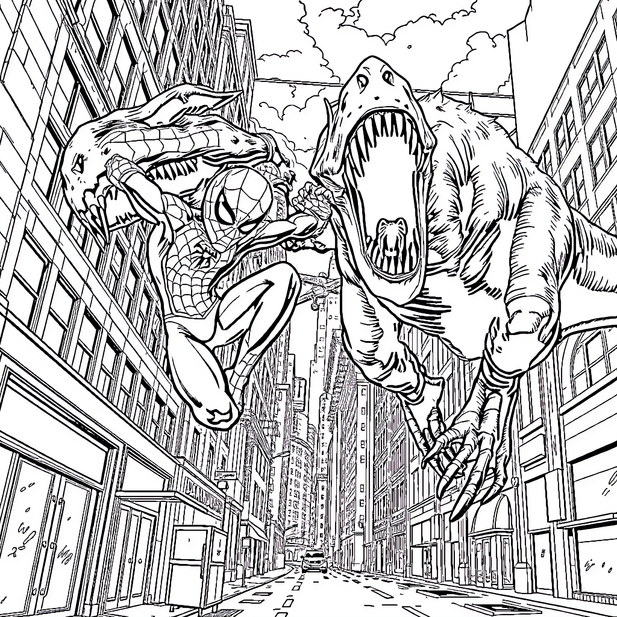 Spiderman battles giant dinosaur in New York city Coloring Page (free black-and-white line drawing printable PDF for all, from beginners to advanced learners, including children, teens, adults, and seniors)