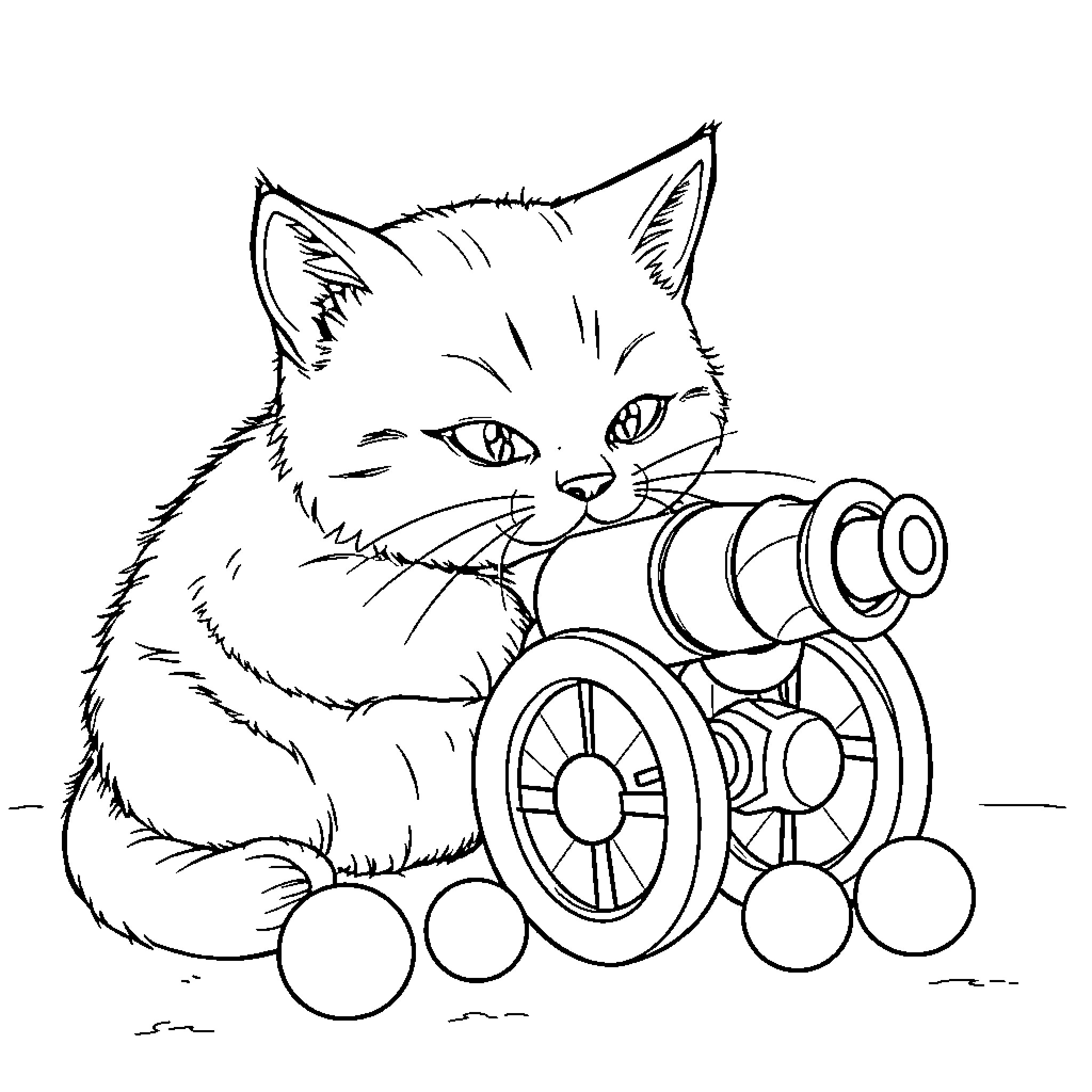 Cat playing with mechanical toys Coloring Page (free black-and-white line drawing printable PDF for all, from beginners to advanced learners, including children, teens, adults, and seniors)