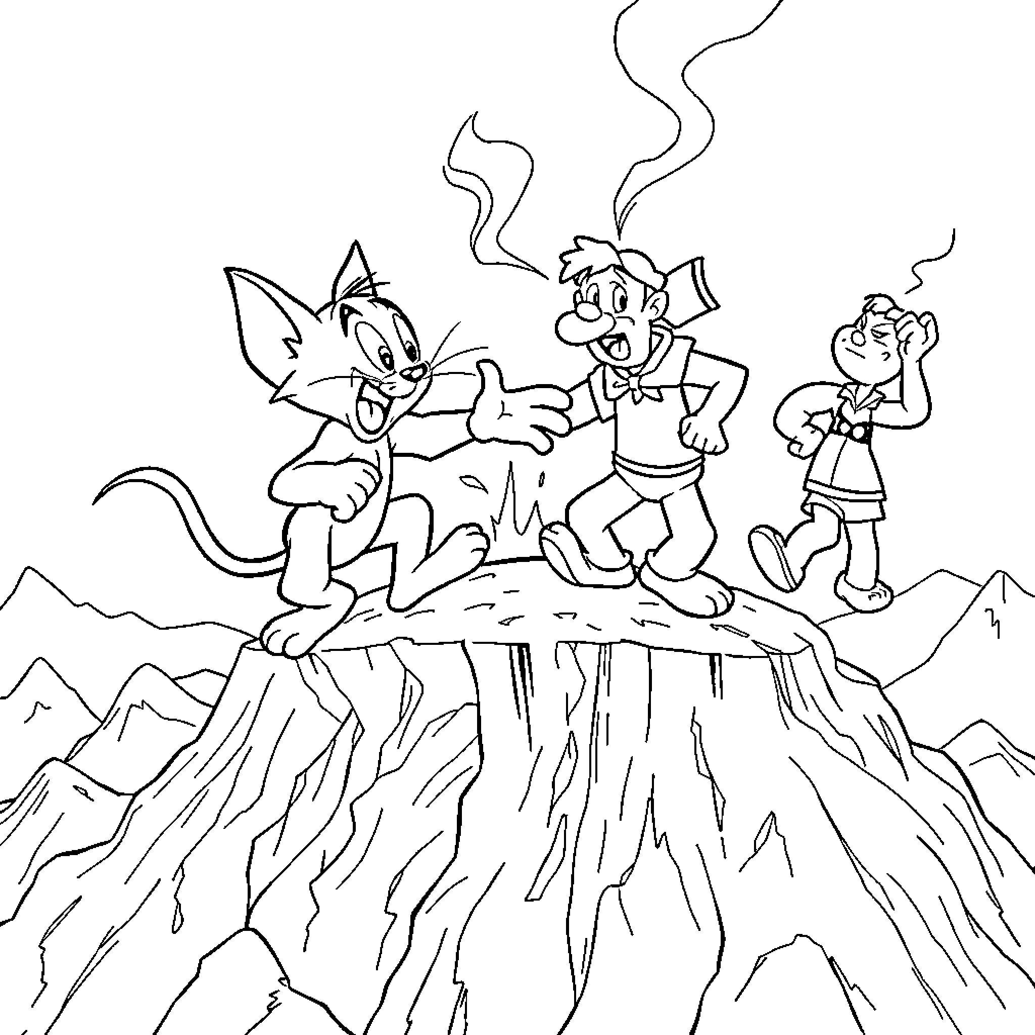 Tom and Jerry's Cliff-Hanging Adventure Coloring Page (free black-and-white line drawing printable PDF for all, from beginners to advanced learners, including children, teens, adults, and seniors)