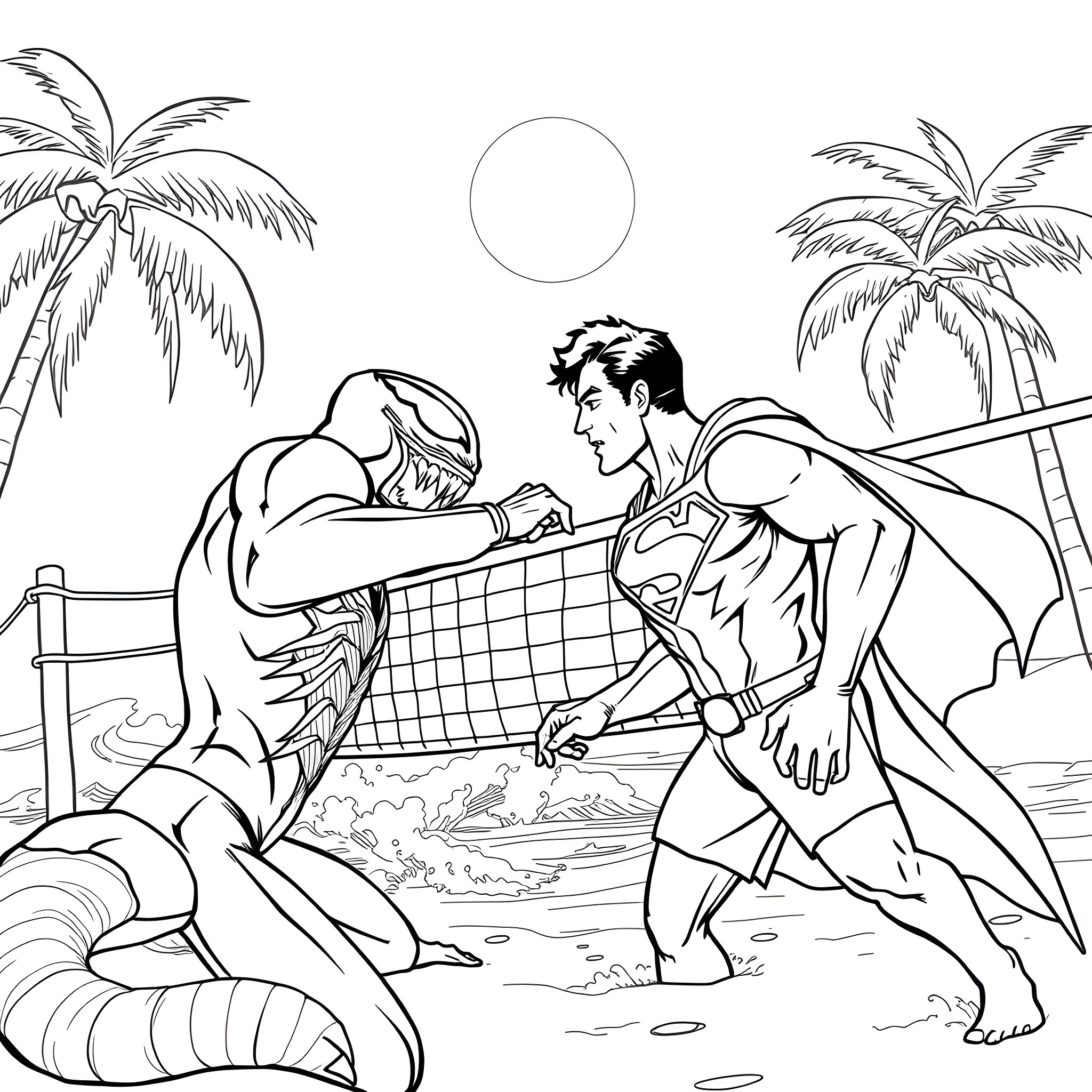 Venom: Heroic Battle on Tropical Beach Coloring Page (free black-and-white line drawing printable PDF for all, from beginners to advanced learners, including children, teens, adults, and seniors)
