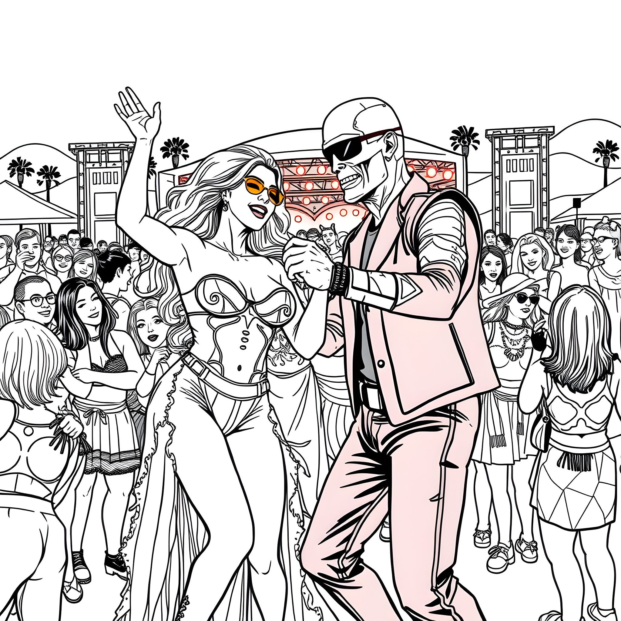 Penta Performance in the Crowd Coloring Page (free black-and-white line drawing printable PDF for all, from beginners to advanced learners, including children, teens, adults, and seniors)