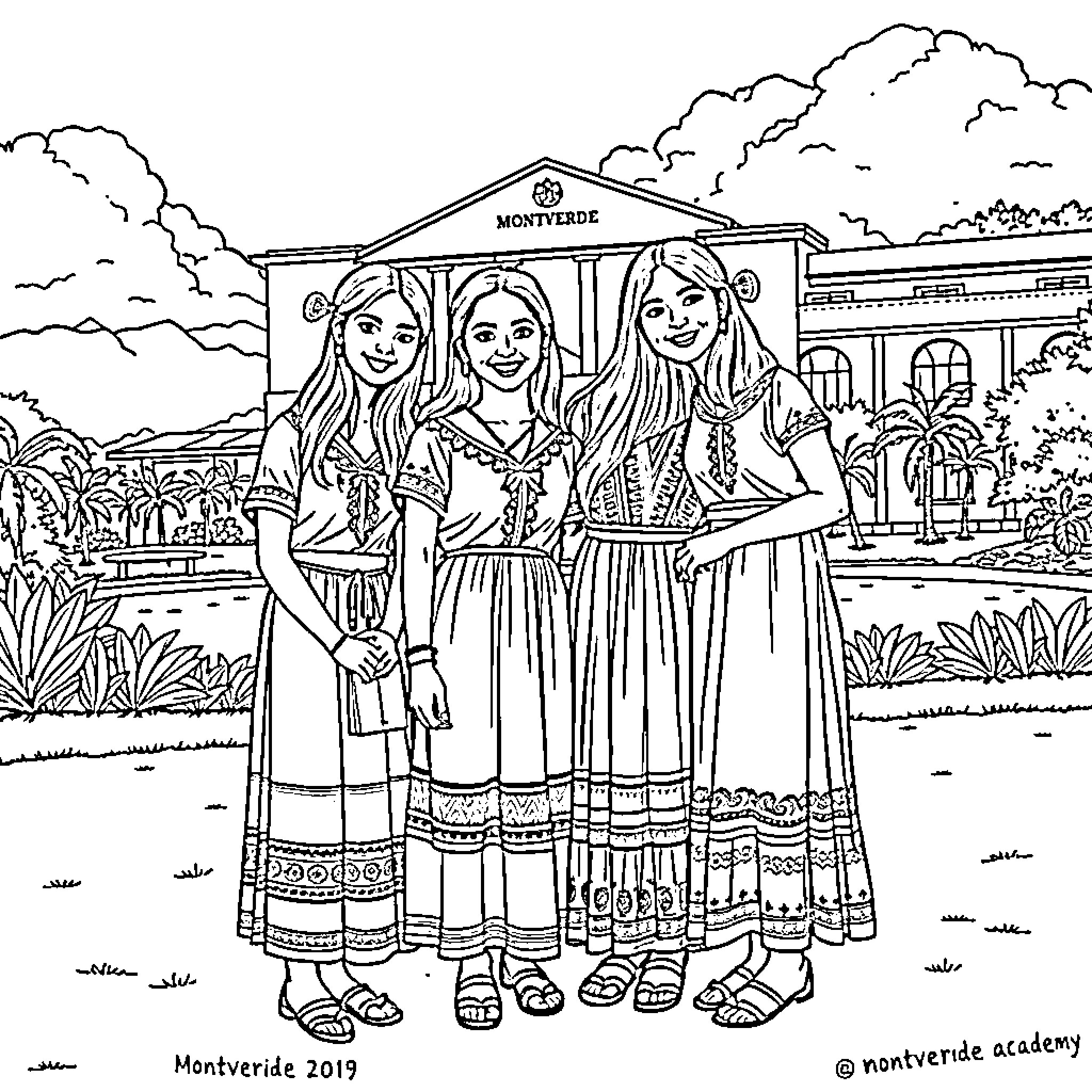 Girl Trio Posing Outdoors in Traditional Dresses Coloring Page (free black-and-white line drawing printable PDF for all, from beginners to advanced learners, including children, teens, adults, and seniors)
