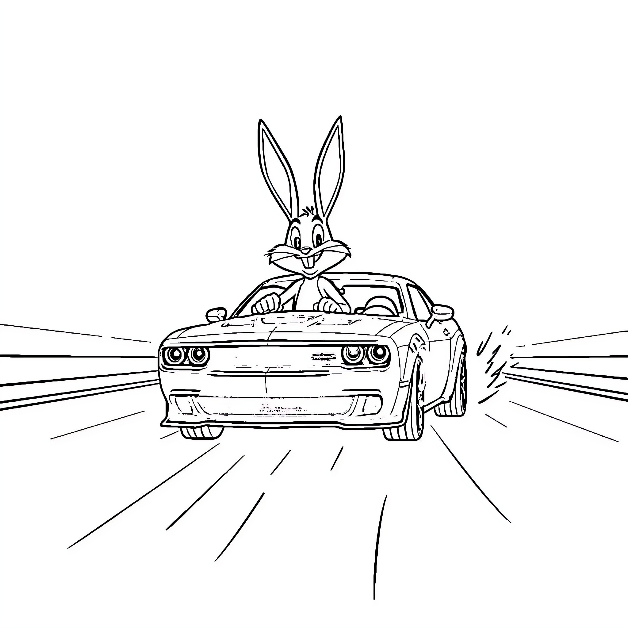 Bugs Bunny driving a fast sports car Coloring Page (free black-and-white line drawing printable PDF for all, from beginners to advanced learners, including children, teens, adults, and seniors)