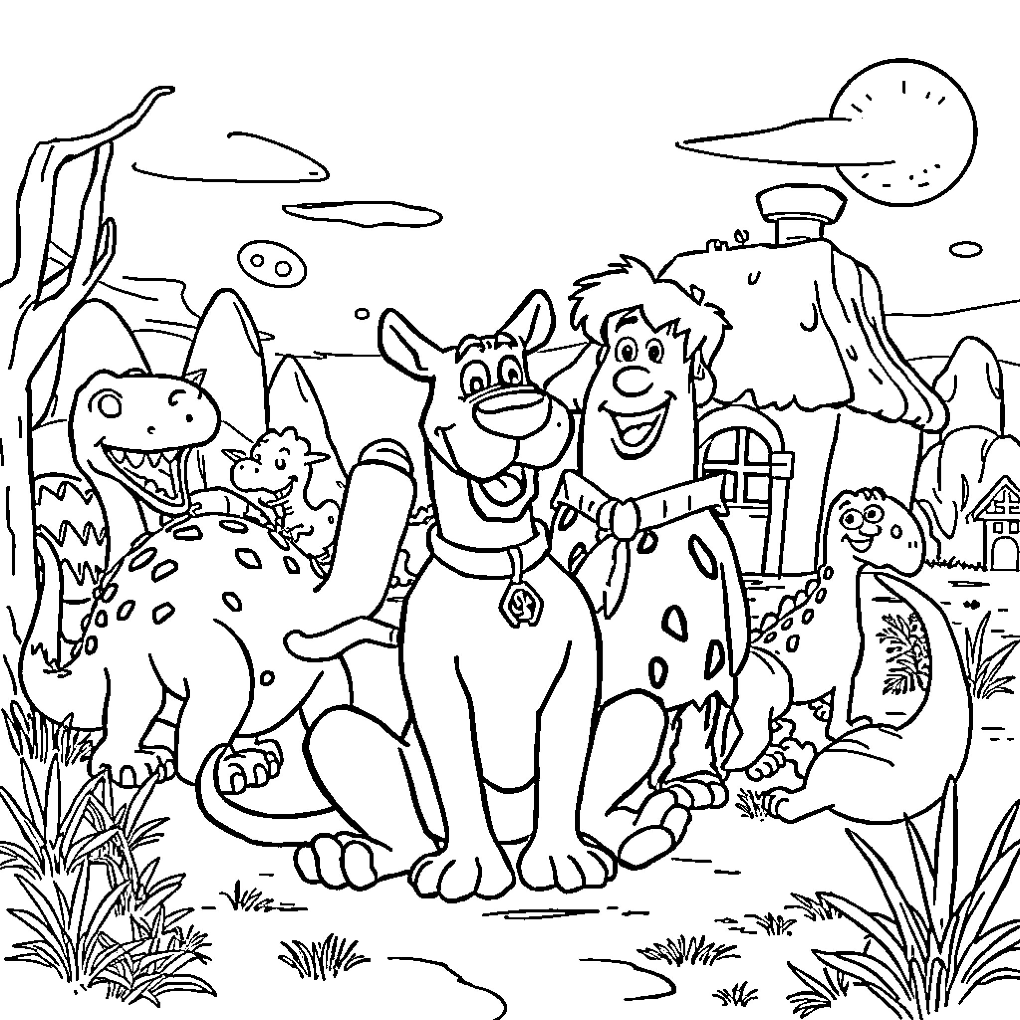 Scooby Doo and friends in a prehistoric landscape Coloring Page (free black-and-white line drawing printable PDF for all, from beginners to advanced learners, including children, teens, adults, and seniors)