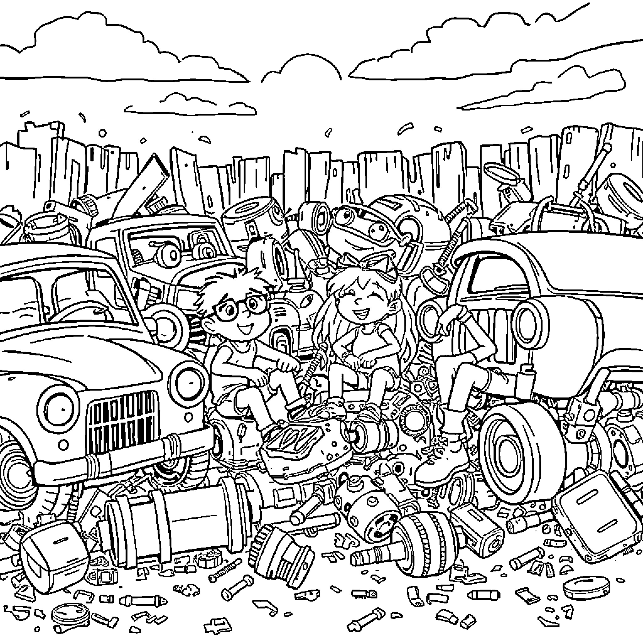 Junkyard Pal: Exploring the Whimsical Chaos of Discarded Treasures Coloring Page (free black-and-white line drawing printable PDF for all, from beginners to advanced learners, including children, teens, adults, and seniors)