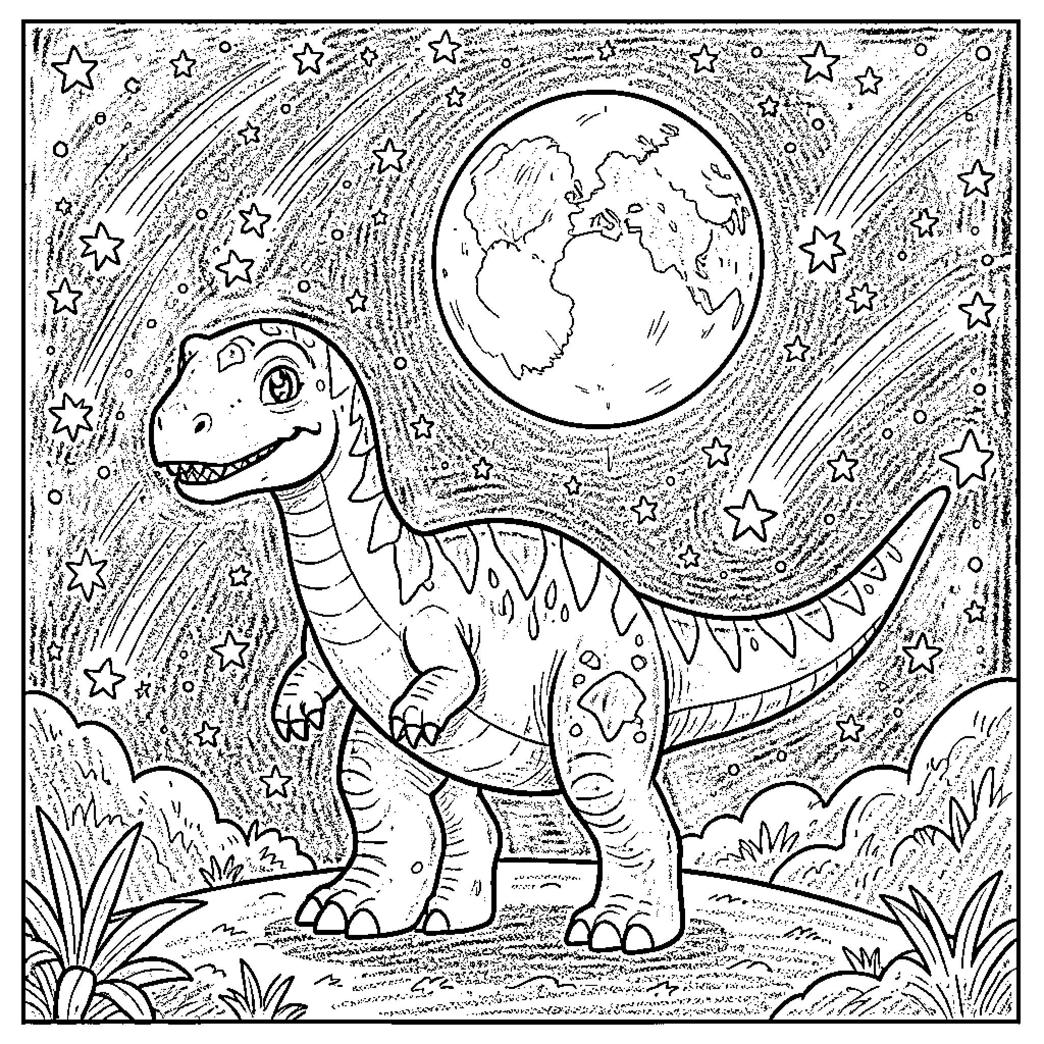 Dinosaur explores the starry night sky Coloring Page (free black-and-white line drawing printable PDF for all, from beginners to advanced learners, including children, teens, adults, and seniors)