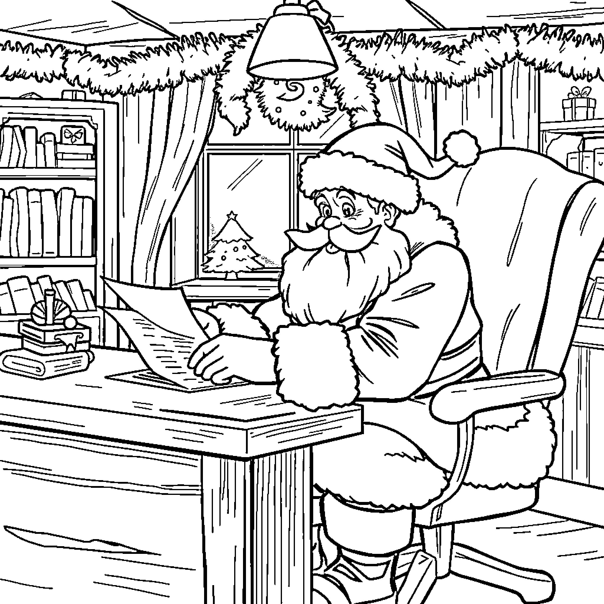 Santa working diligently at his desk Coloring Page (free black-and-white line drawing printable PDF for all, from beginners to advanced learners, including children, teens, adults, and seniors)