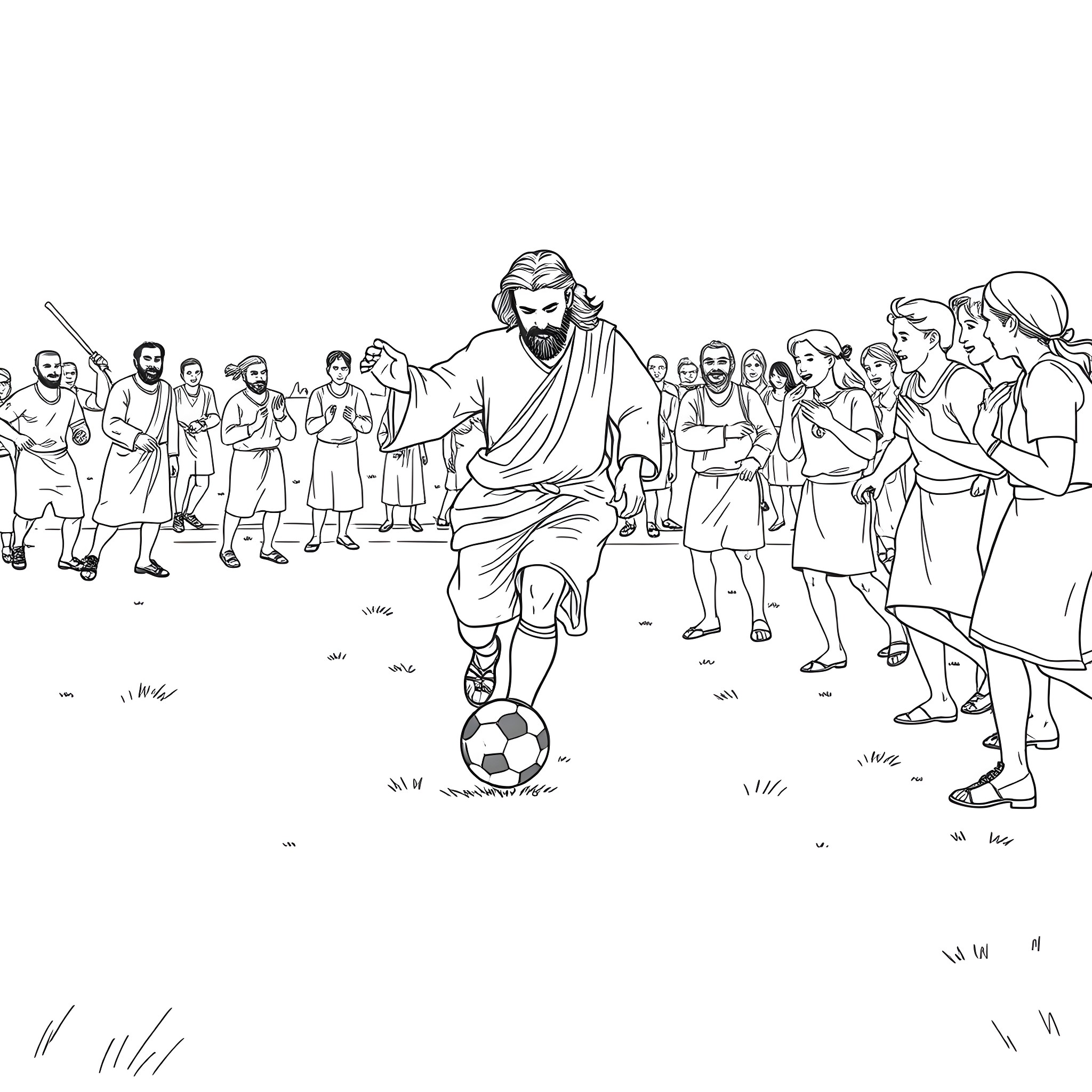 Jesus playing soccer with a crowd of followers Coloring Page (free black-and-white line drawing printable PDF for all, from beginners to advanced learners, including children, teens, adults, and seniors)