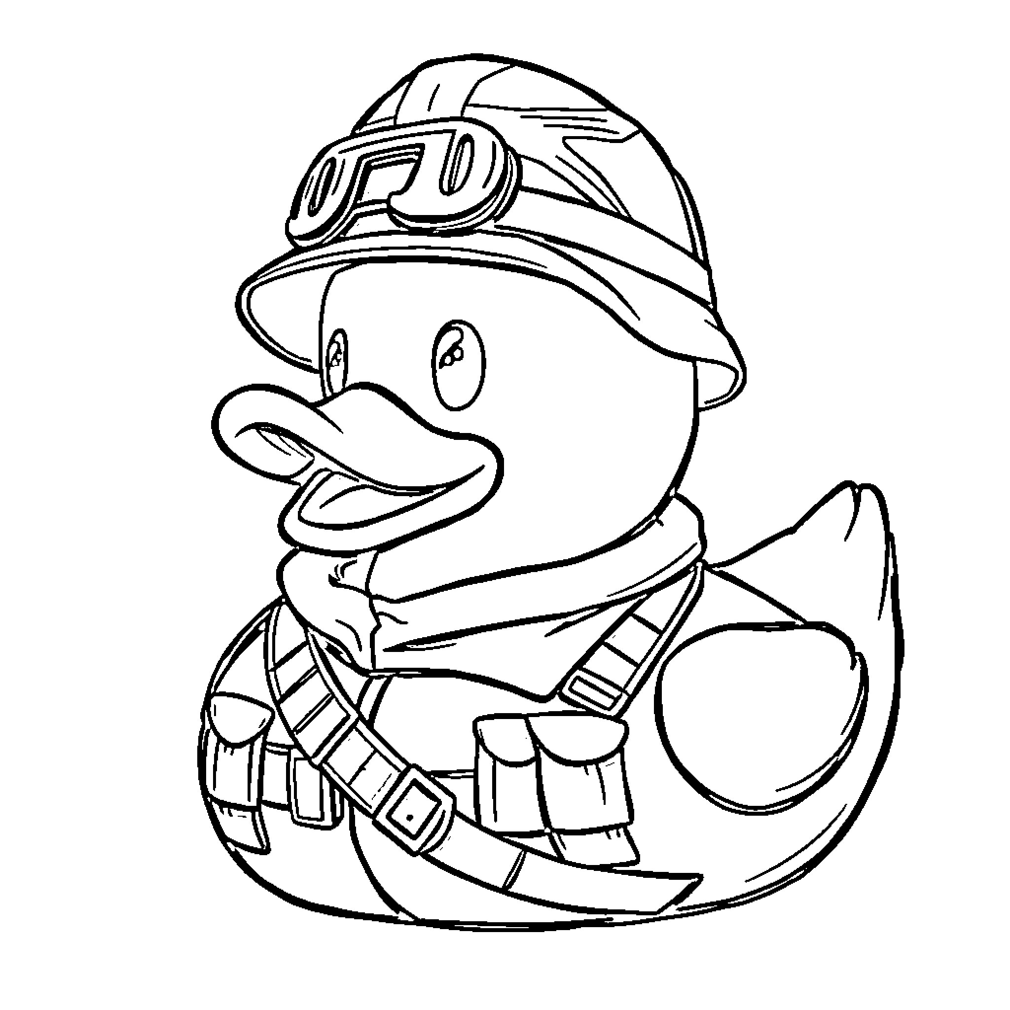 Rubber Duck construction worker in protective gear Coloring Page (free black-and-white line drawing printable PDF for all, from beginners to advanced learners, including children, teens, adults, and seniors)