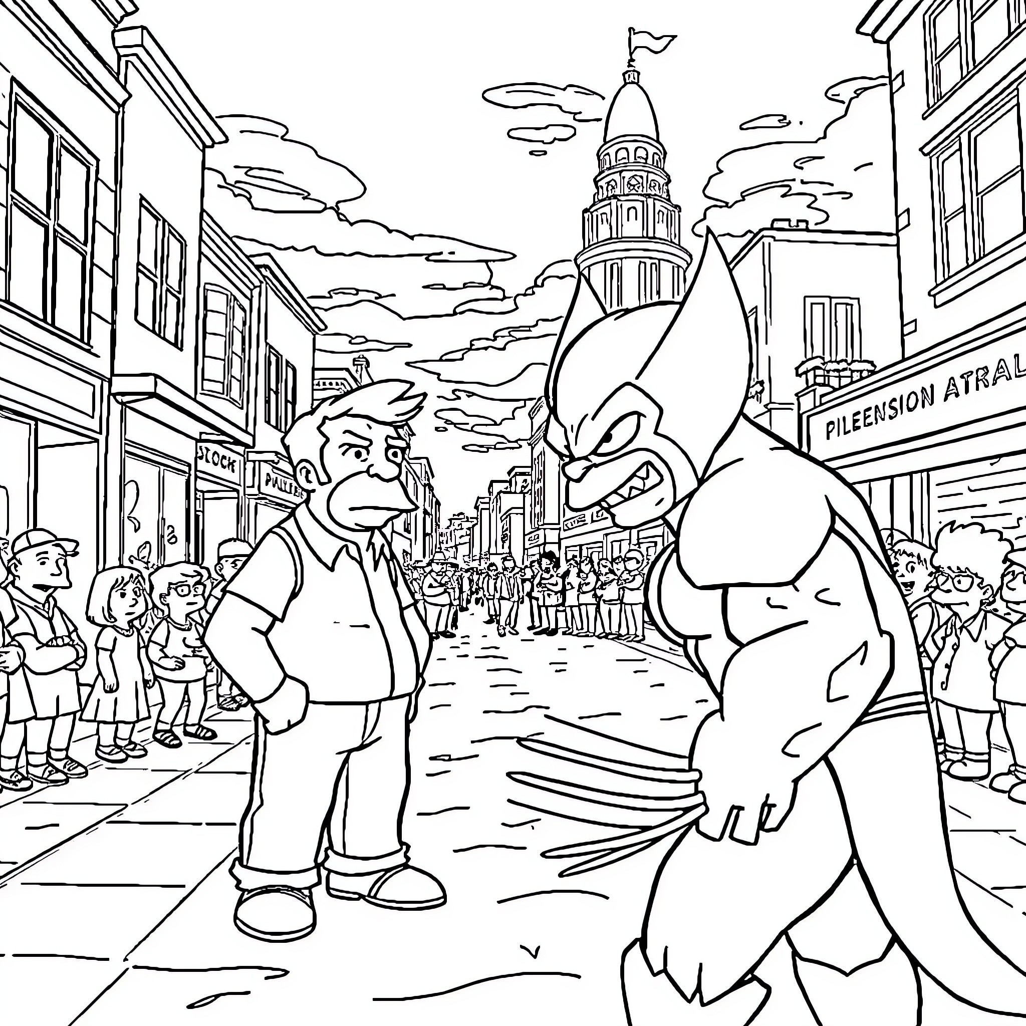 Hans Moleman's Lively City Adventure Coloring Page (free black-and-white line drawing printable PDF for all, from beginners to advanced learners, including children, teens, adults, and seniors)