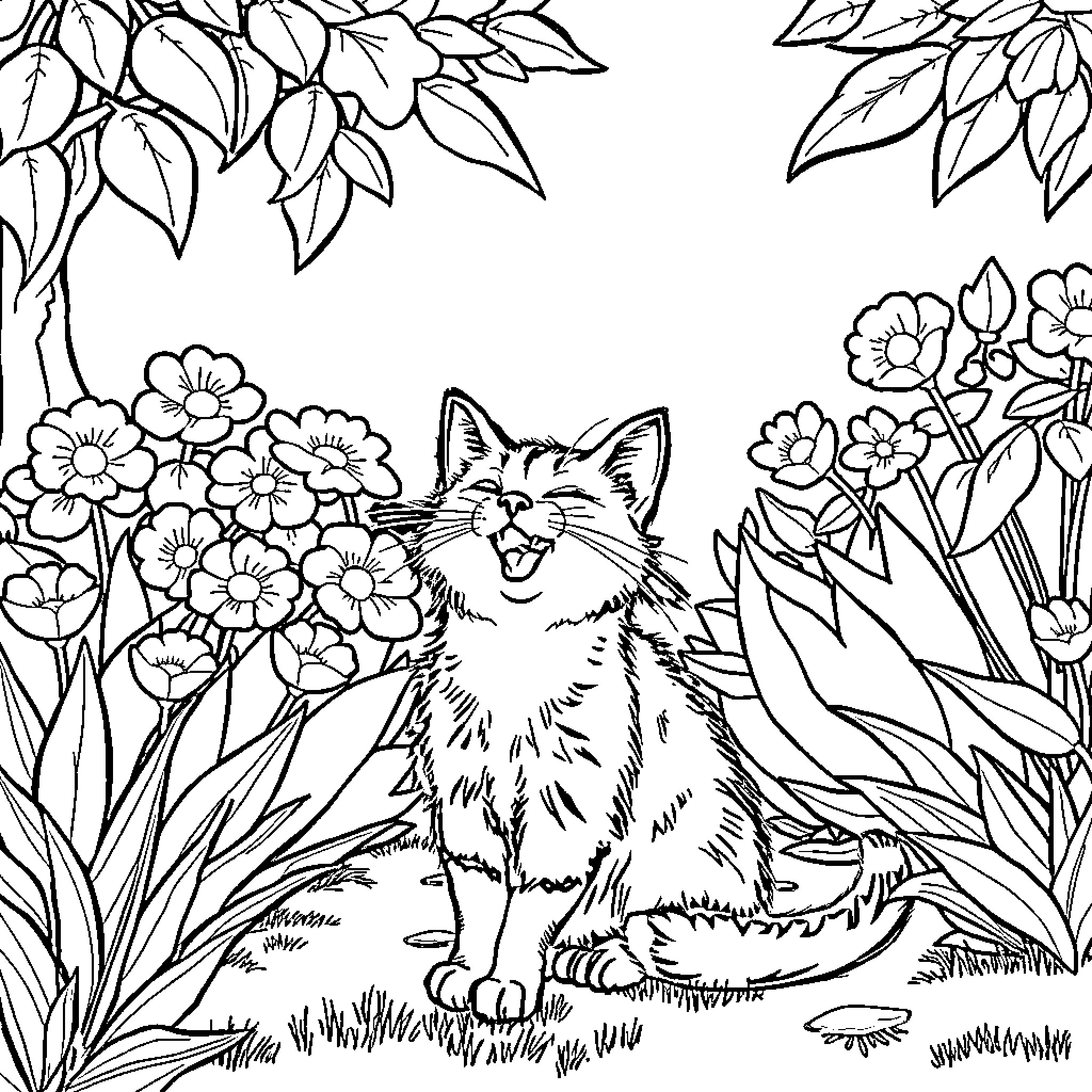 Cat in floral garden Coloring Page (free black-and-white line drawing printable PDF for all, from beginners to advanced learners, including children, teens, adults, and seniors)