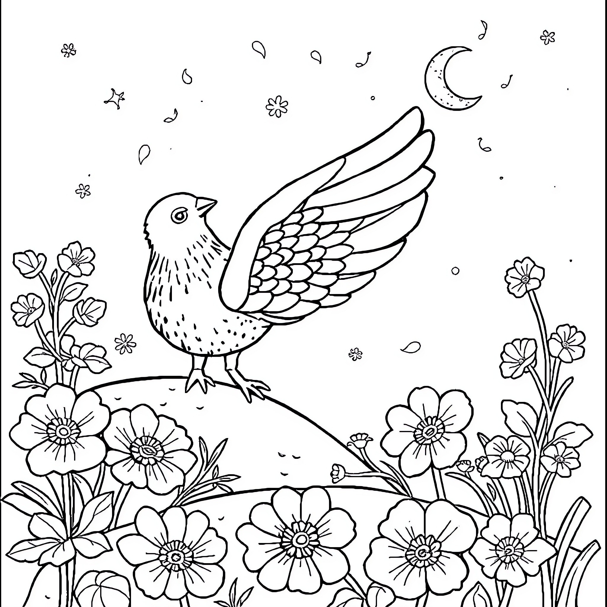 Vowels in Flight and Flowers Coloring Page (free black-and-white line drawing printable PDF for all, from beginners to advanced learners, including children, teens, adults, and seniors)